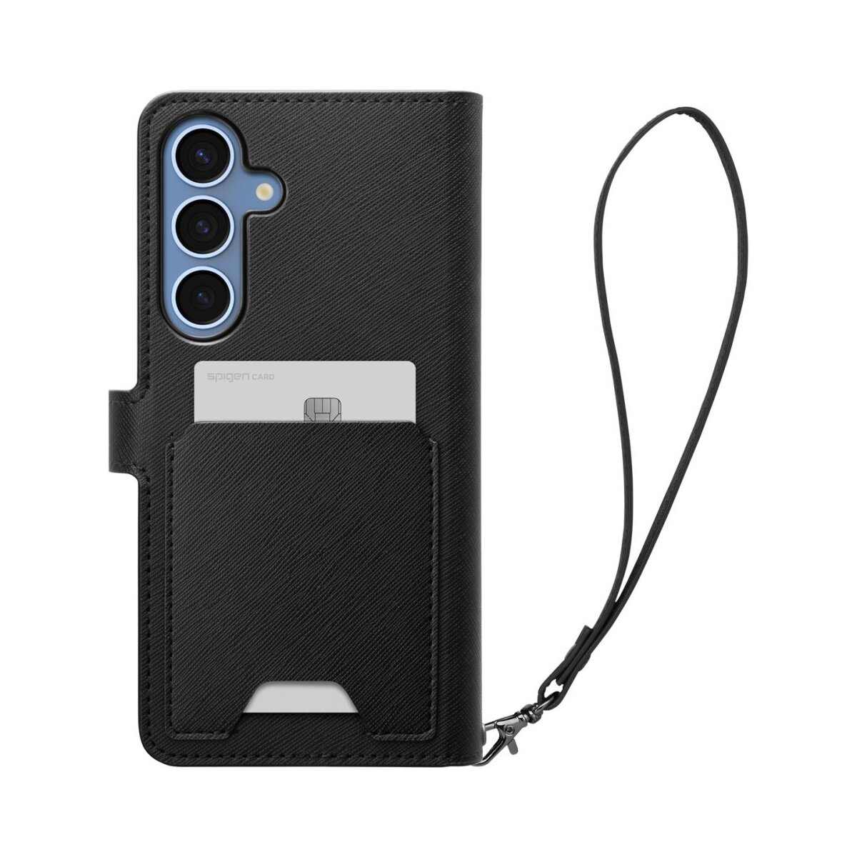 Custodia nera per telefono con slot per carte, fotocamere del telefono e cinturino. Carta di credito visibile.