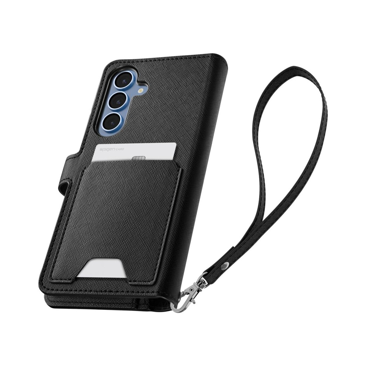 Una custodia nera per telefono con slot per carte e cinturino da polso. Il telefono ha tre obiettivi. Sfondo bianco.