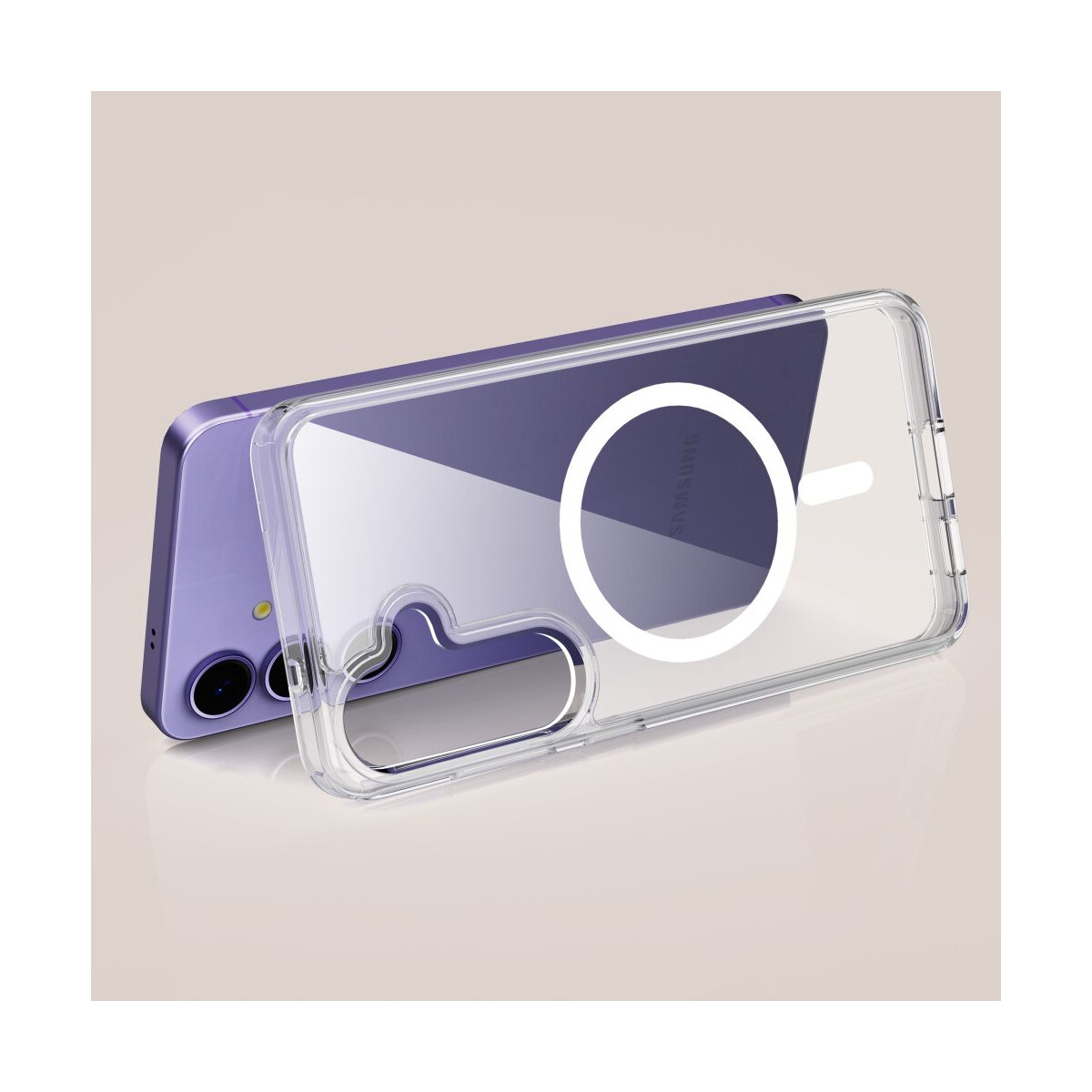 Ein lila Telefon mit einer transparenten Hülle. Die Hülle hat einen weißen Ring und ist leicht abgewinkelt.
