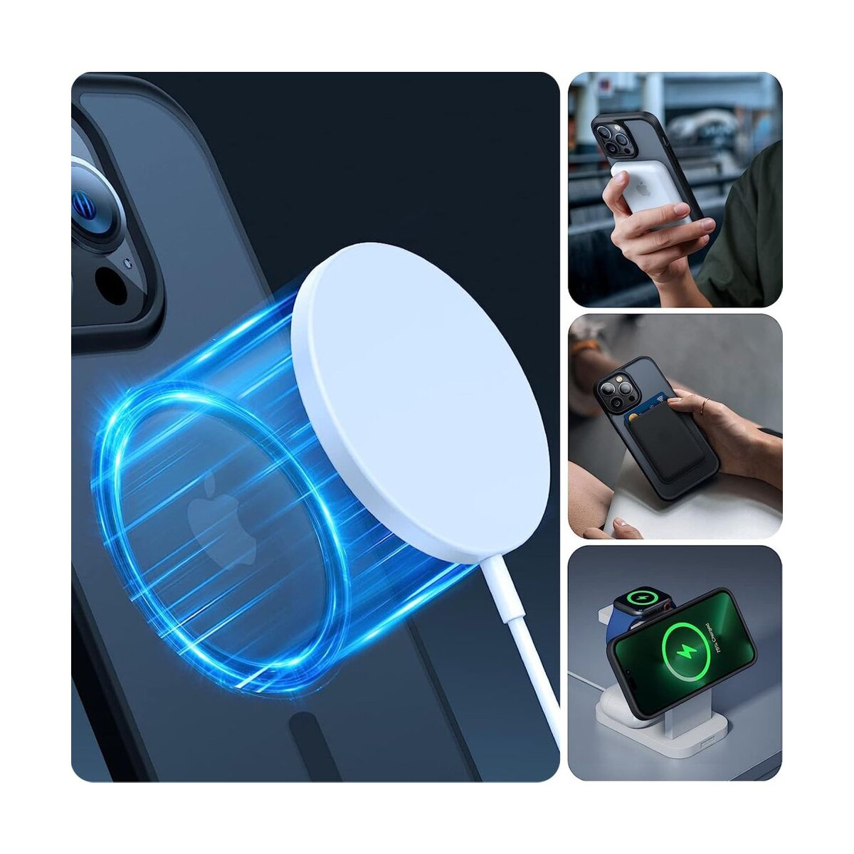 Eine Handyhülle mit Magnetlader, der das Laden demonstriert. Zusätzliche Bilder zeigen die Handynutzung und kabelloses Laden.