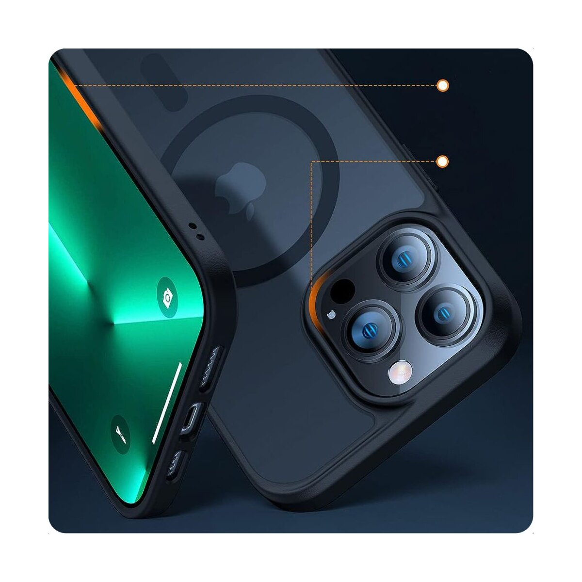 Ein Telefon in einer Hülle. Der Bildschirm zeigt einen grünen Farbverlauf. Die Hülle ist schwarz und transparent. Die Kameralinsen sind sichtbar.