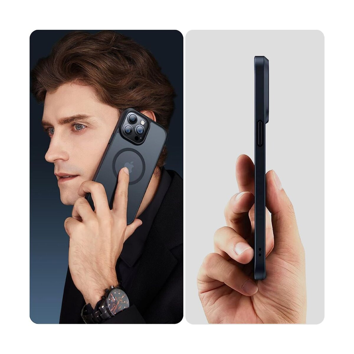 Ein Mann hält ein Telefon mit einer Hülle. Die Handyhülle ist schwarz. Der Hintergrund ist ein Farbverlauf aus Dunkelblau und Weiß.