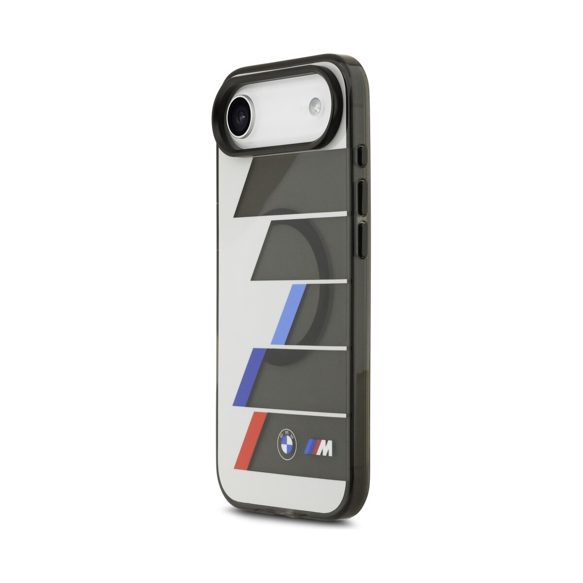 Una custodia per telefono con un design. Ha strisce nere, bianche, blu e rosse. Il logo BMW è in basso.