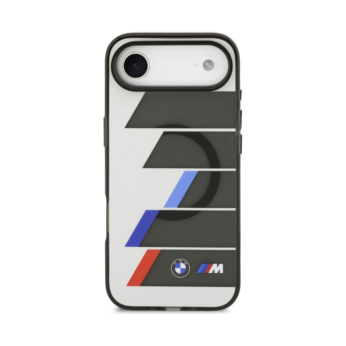 Una custodia per telefono con un design a strisce nere, bianche, blu e rosse. Il logo BMW M è visibile in basso.