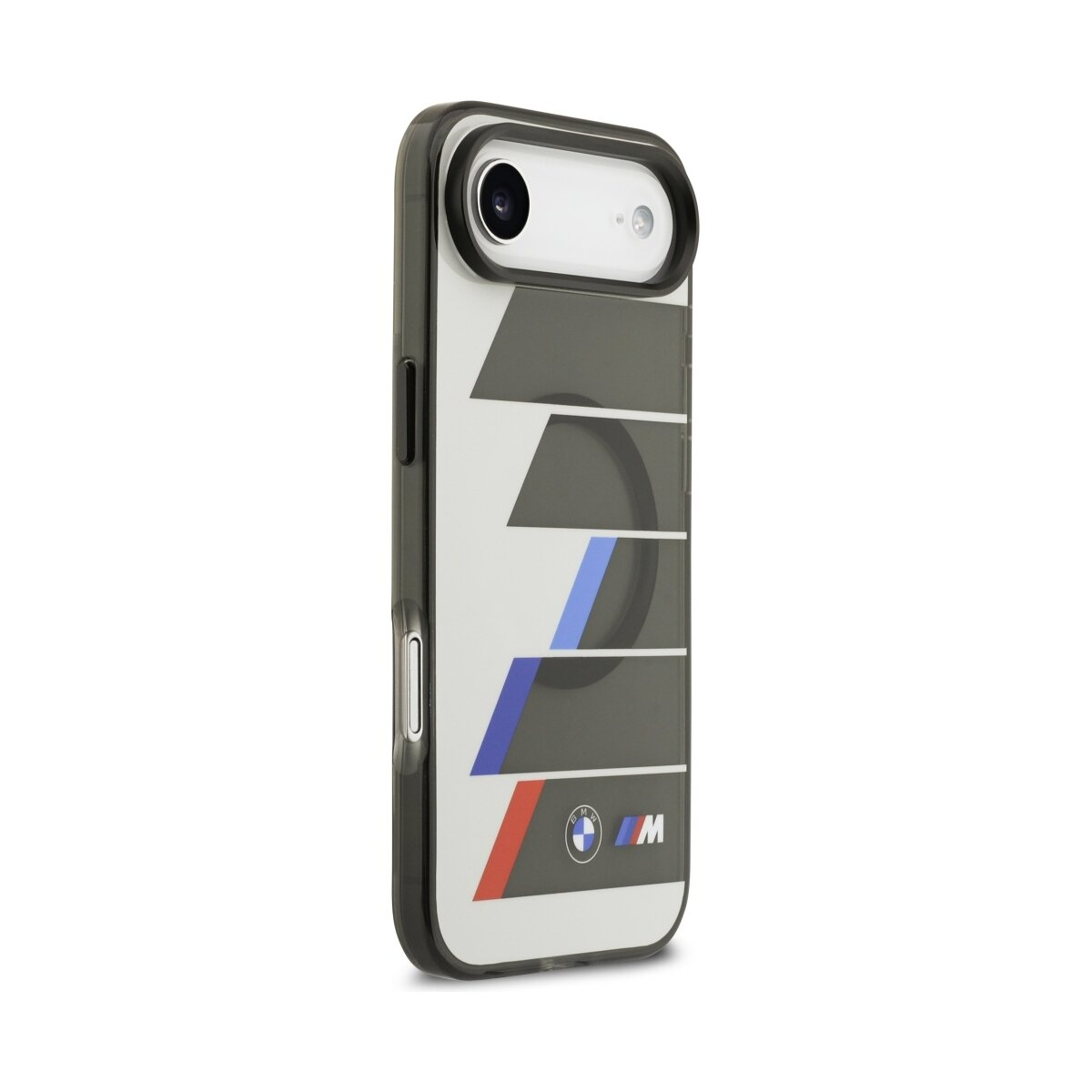 Una custodia per telefono con il logo BMW. Ha uno sfondo bianco con forme geometriche nere e grigie e una striscia blu e rossa.