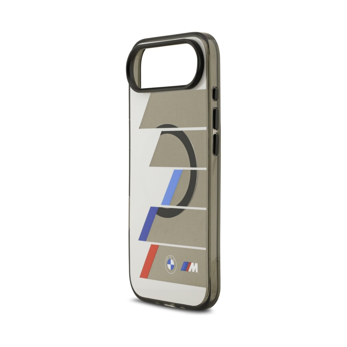Custodia per telefono con logo BMW M. Presenta una cornice in plastica trasparente e un design con strisce grigie, bianche, blu e rosse e il logo BMW.