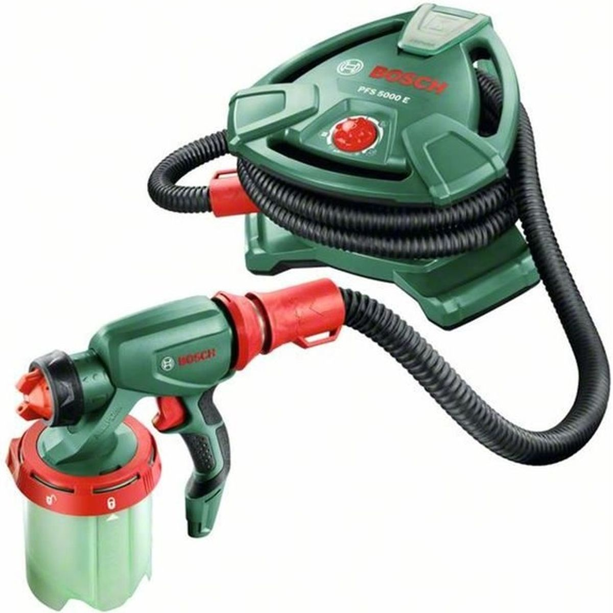 Un aerografo Bosch verde e rosso con un tubo flessibile e un'unità base separata. L'aerografo ha un contenitore per la vernice.