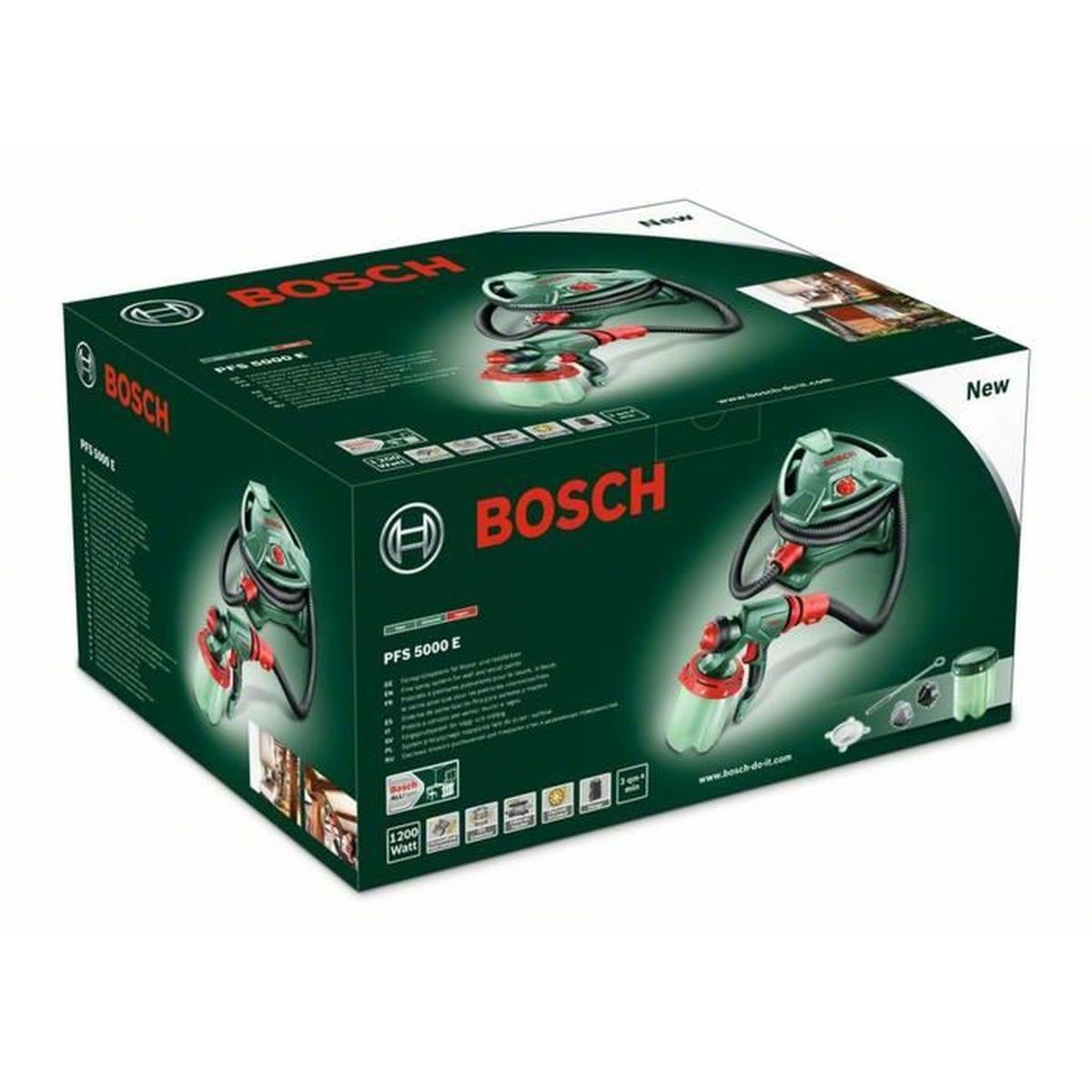 Una scatola di vernice spray Bosch PFS 5000 E verde e rossa. La scatola presenta immagini dello spruzzatore. La parola 'Bosch' è visibile.
