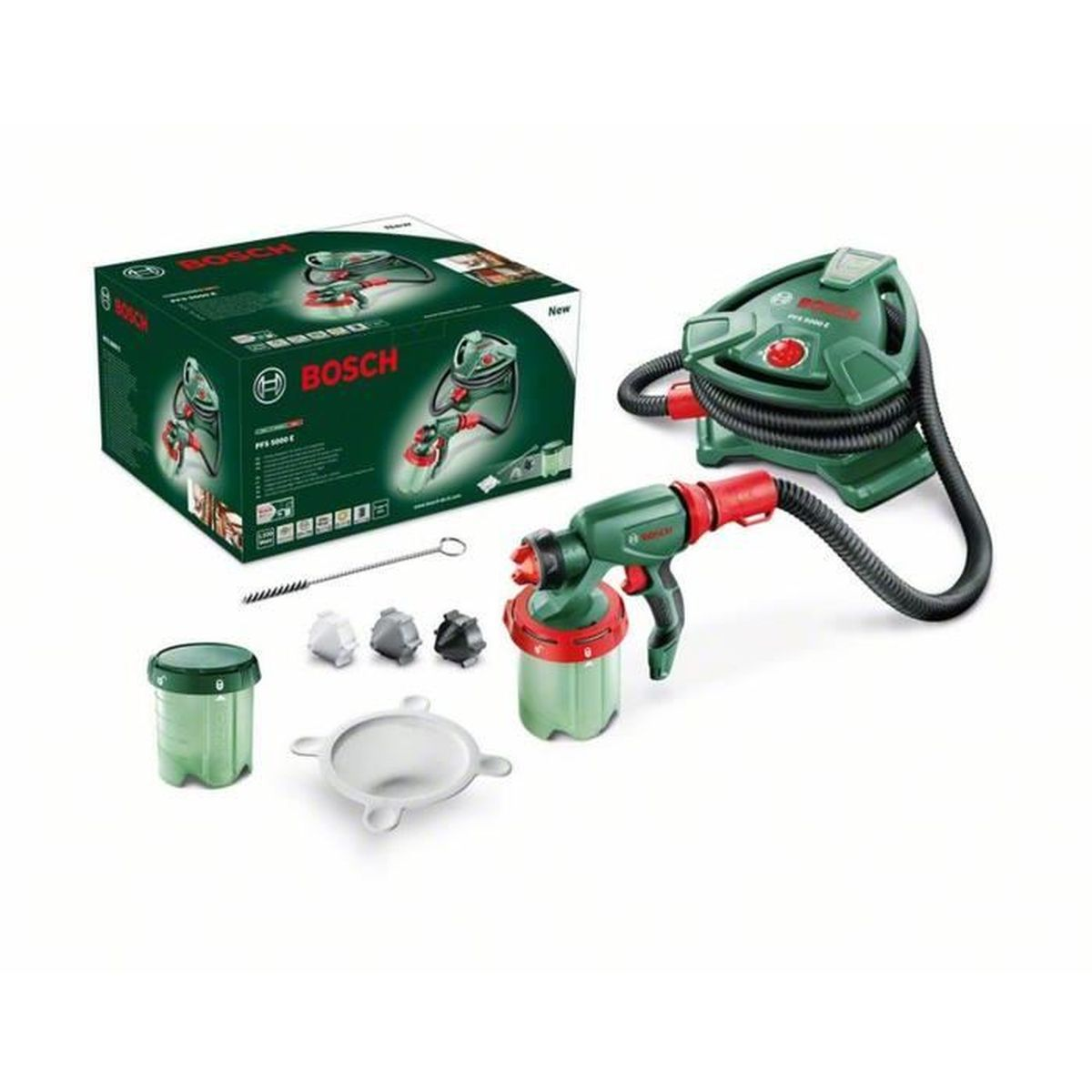 Kit Bosch per verniciatura a spruzzo. Include spruzzatore, accessori e scatola. Colori verde e rosso. Sfondo bianco.