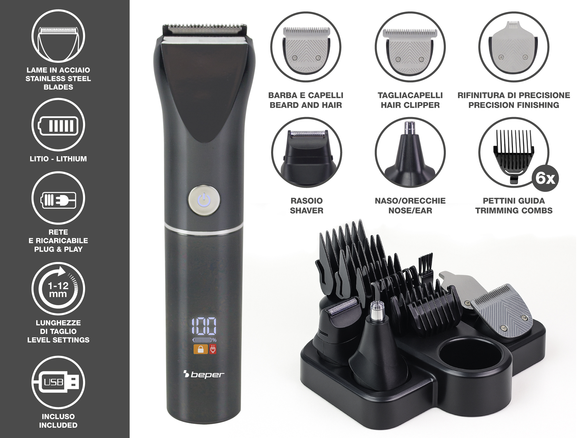 Un set di rasoio elettrico con vari accessori, tra cui rasoio, trimmer e pettini, su sfondo bianco.