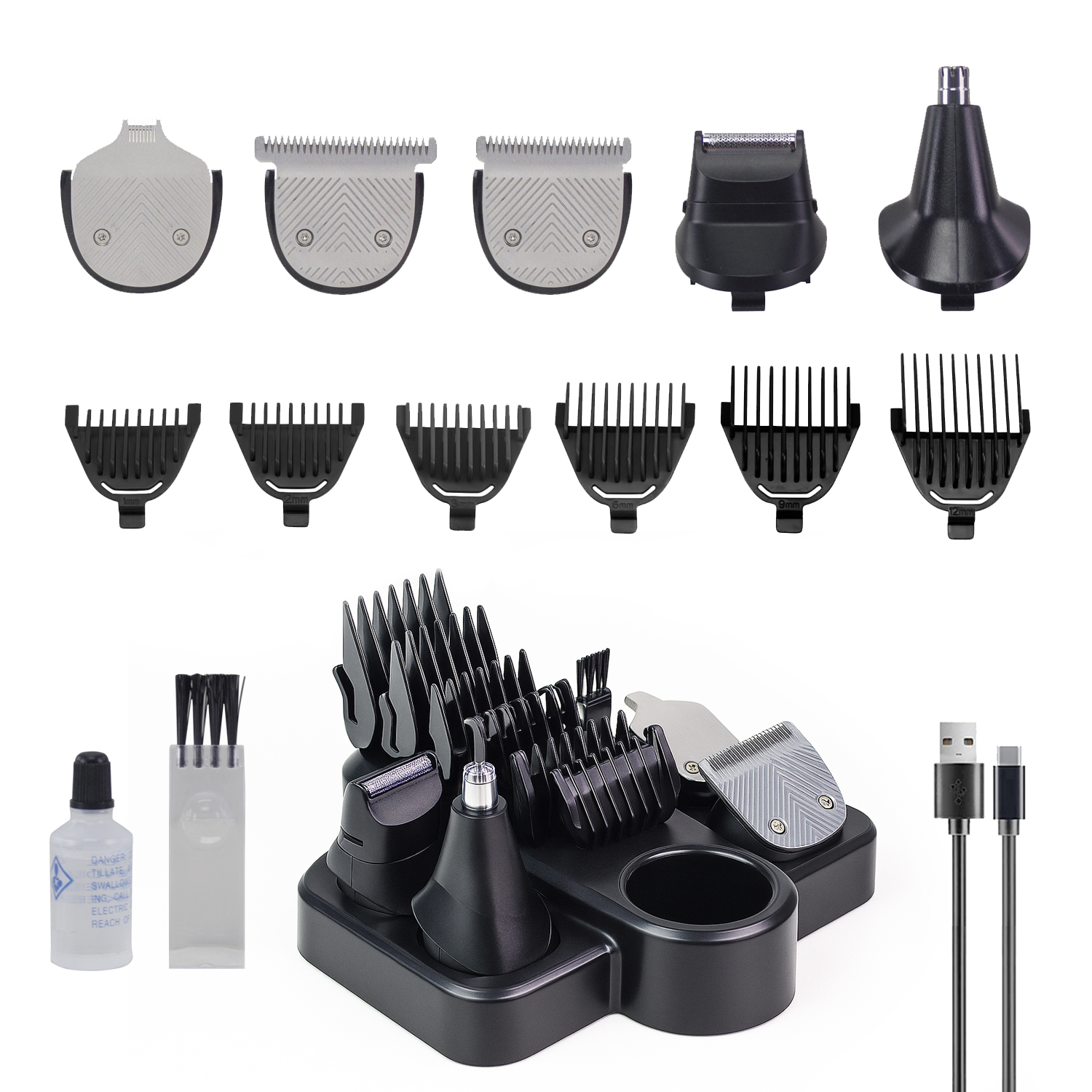 Un kit per la cura personale con vari accessori, pettini e una base di ricarica. Include lame, spazzole e cavi USB. Colori nero e argento.
