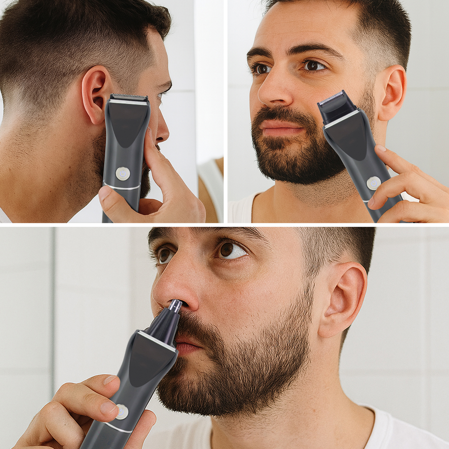 Un uomo si taglia la barba, l'orecchio e il naso con un trimmer nero. È in un bagno bianco, indossa una camicia bianca.
