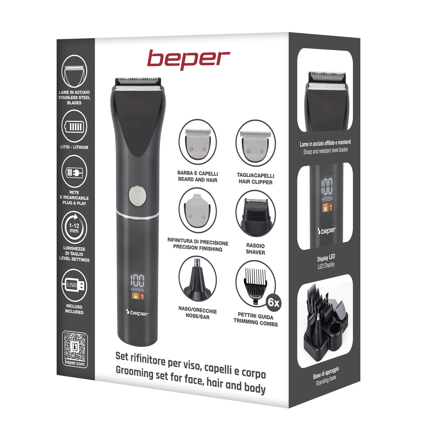 Una scatola per set di toelettatura con un trimmer, vari accessori e dettagli del prodotto. La scatola è bianca e nera.