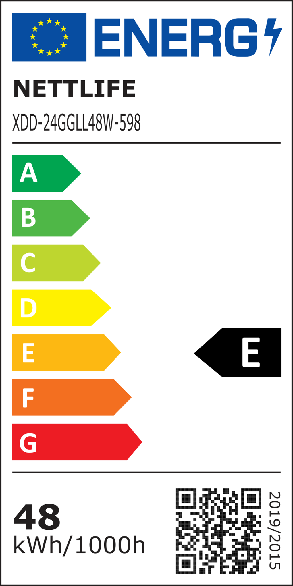Etykieta energetyczna dla produktu NETTLIFE. Wyświetla klasy efektywności energetycznej od A do G, z oceną 'E'. Zawiera zużycie kWh.