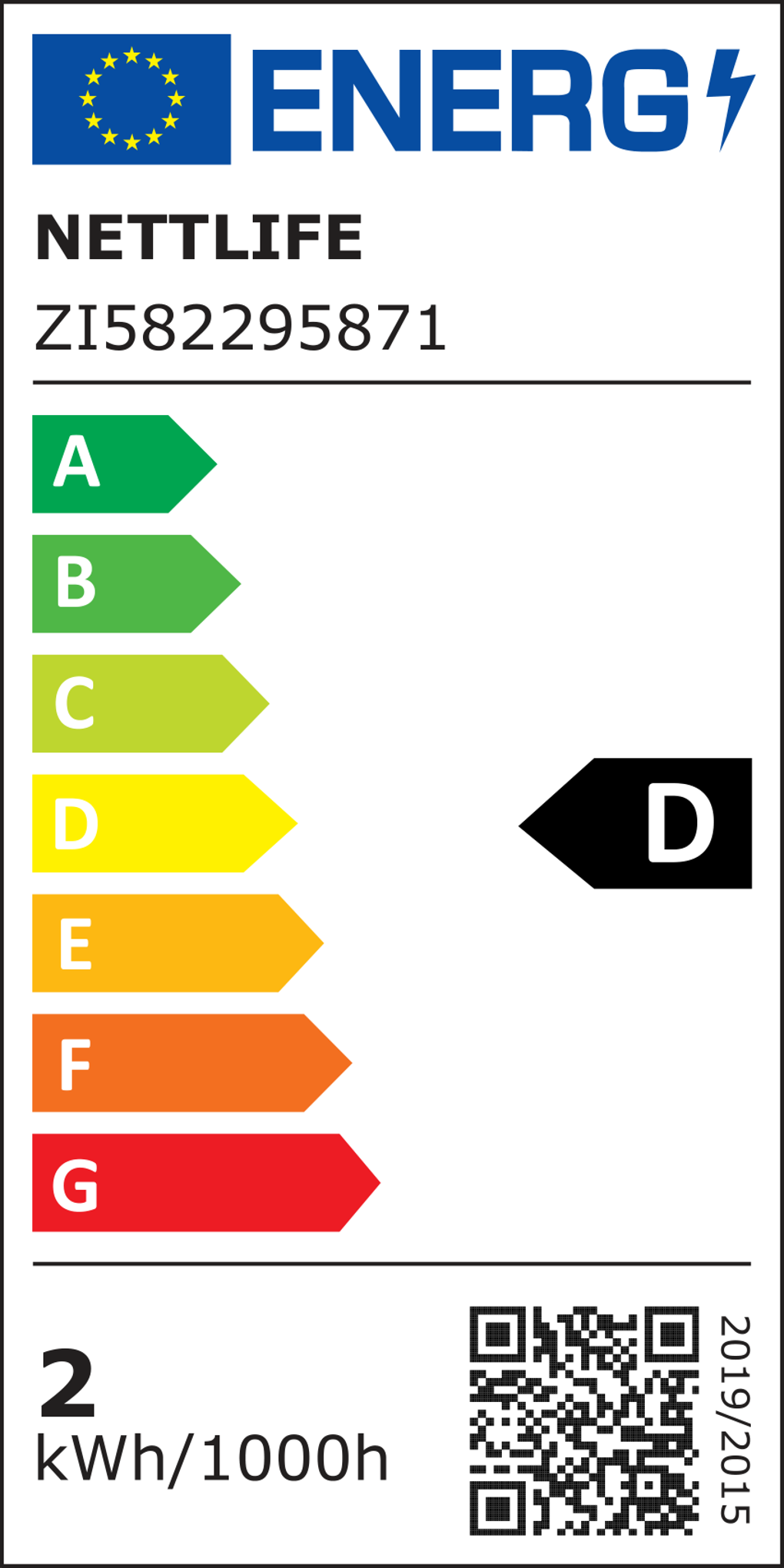 Etichetta energetica con logo UE, testo NETTLIFE, codice prodotto, classi di efficienza energetica da A a G, D evidenziato.