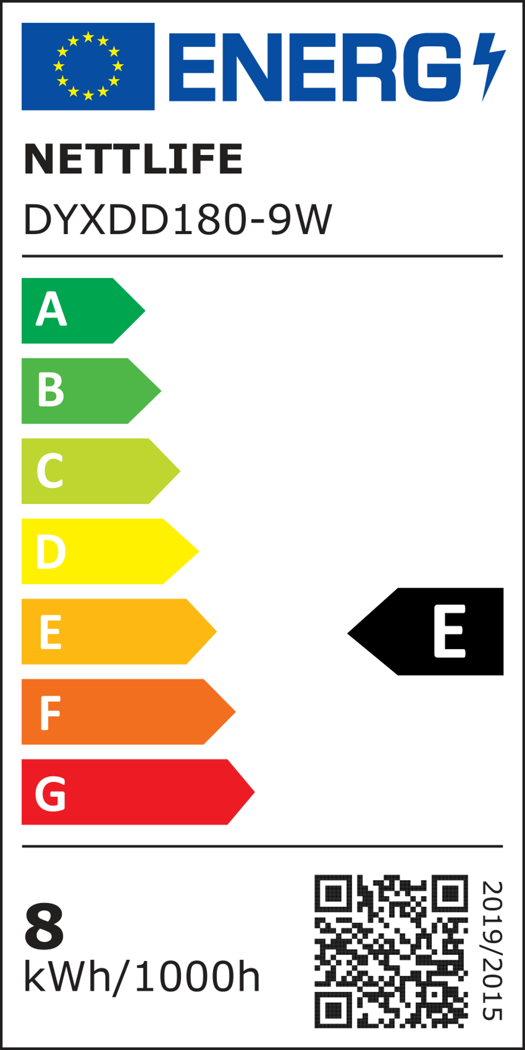 Etichetta energetica per una lampada NETTLIFE. Mostra le classi di efficienza energetica da A a G, con una freccia nera E. Include un codice QR e kWh.