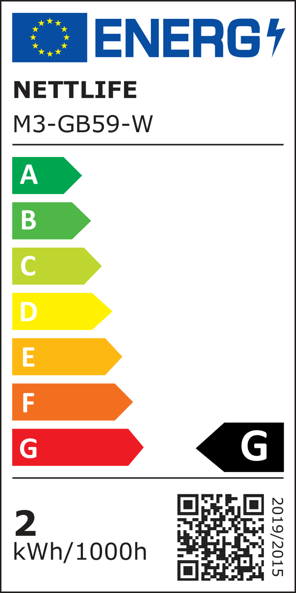 Etykieta energetyczna pokazująca klasę efektywności energetycznej G, z ocenami od A do G. Zawiera markę Energ i szczegóły produktu.
