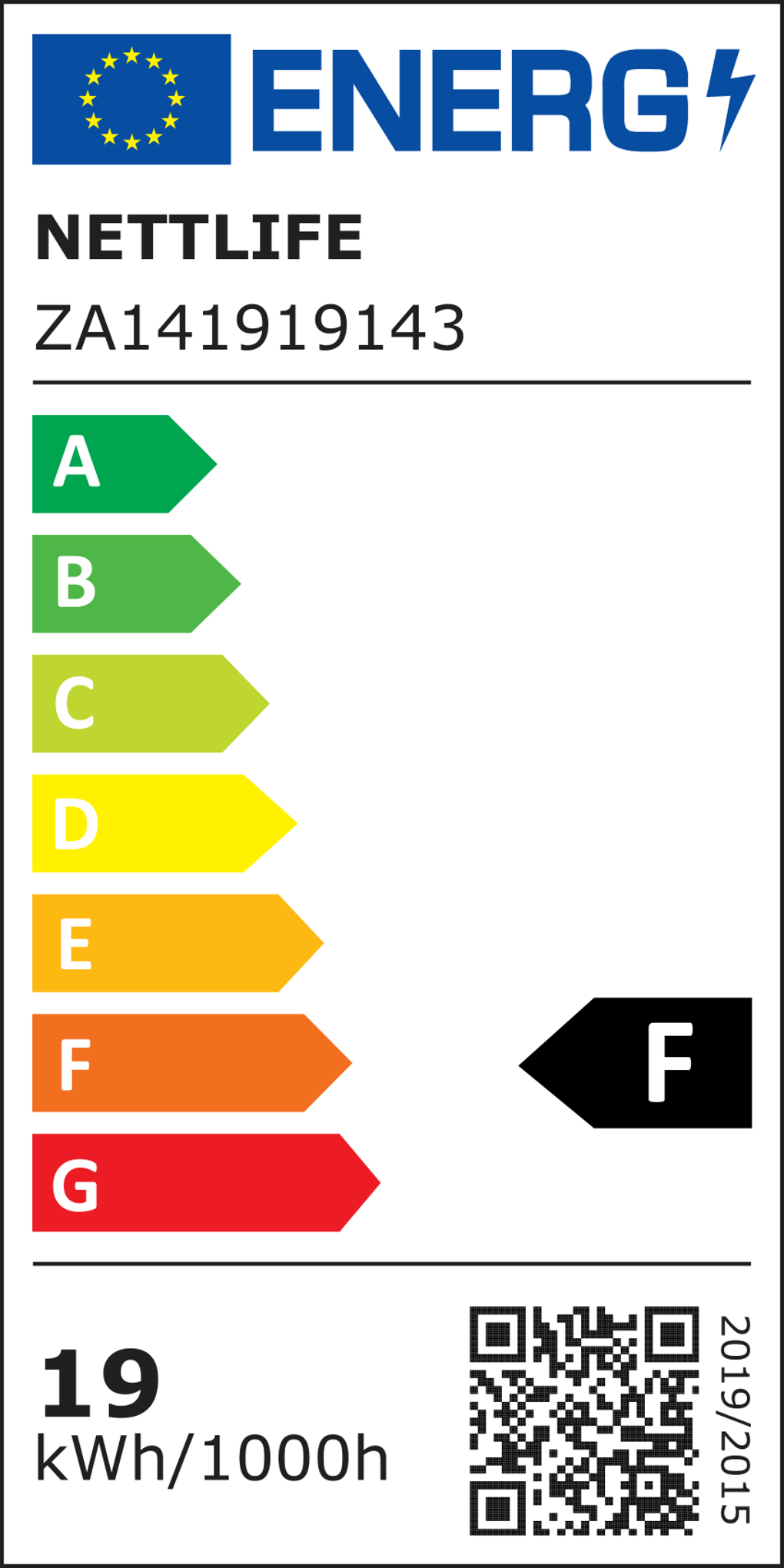 Etykieta energetyczna ze słowem ENERG i NETTLIFE. Ma klasy efektywności energetycznej od A do G, klasa to F. Jest kod QR.
