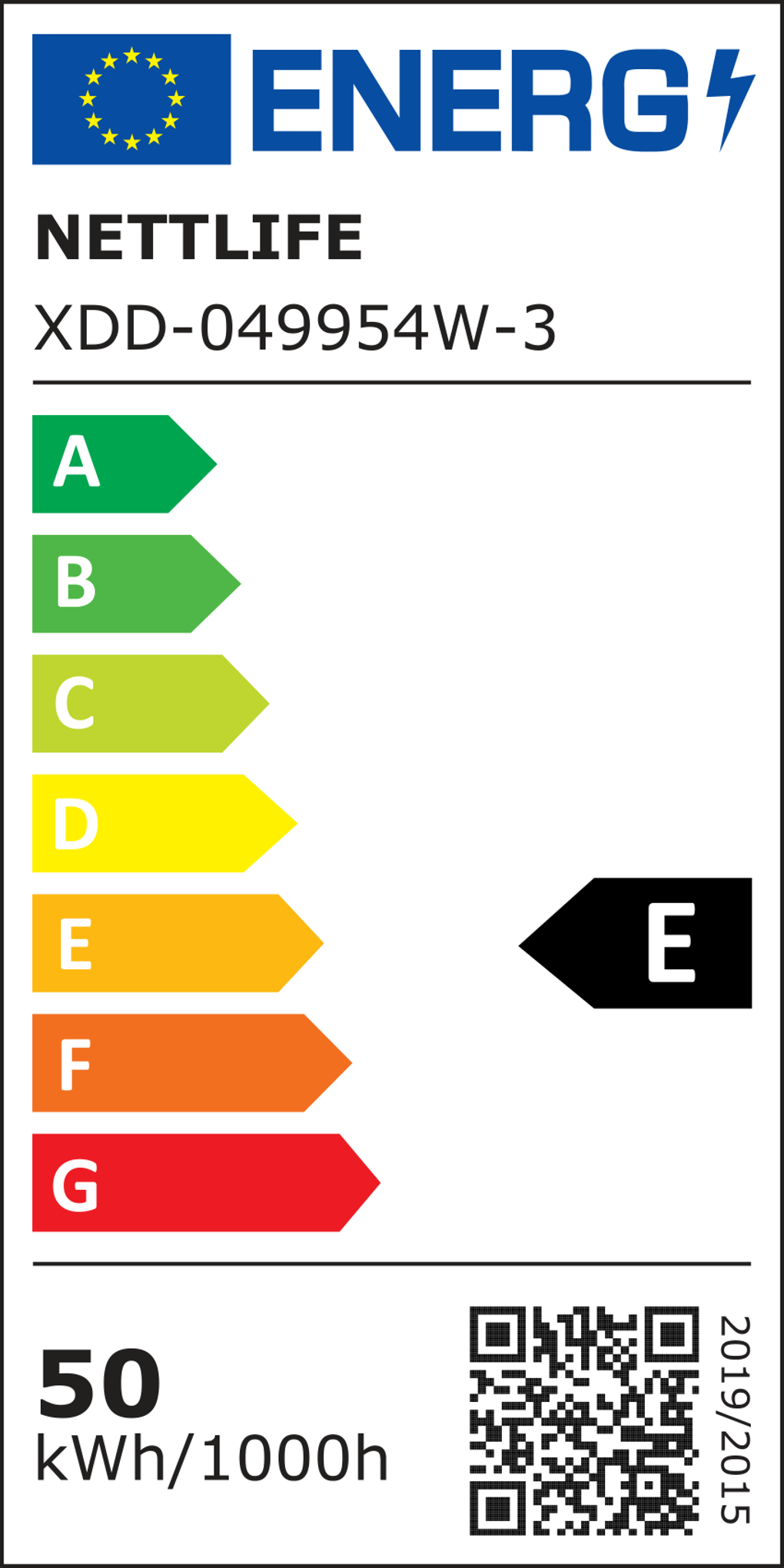 Etykieta energetyczna pokazująca klasę efektywności energetycznej E. Zawiera markę NETTLIFE, kod produktu i szczegóły zużycia energii.
