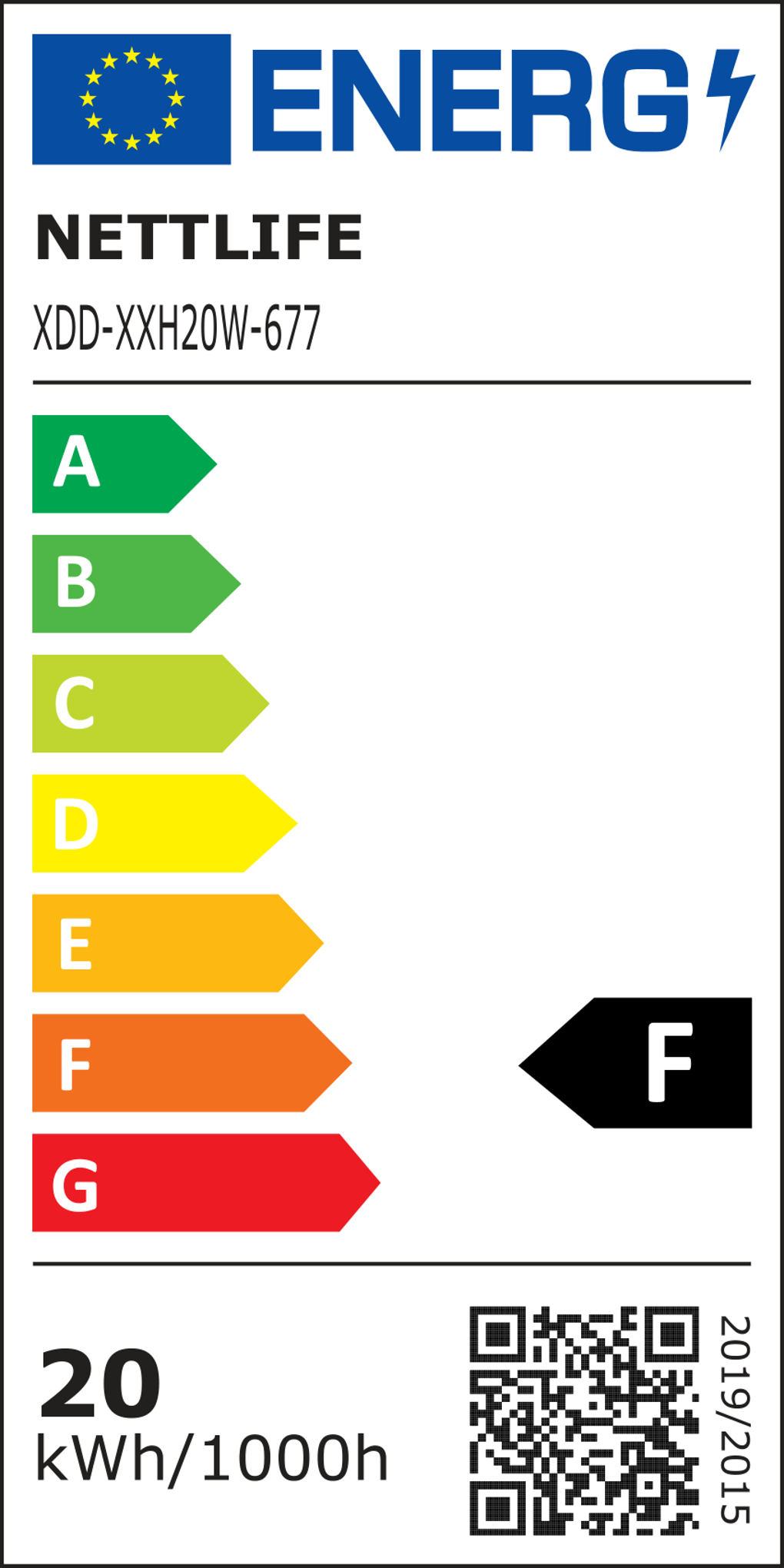 Energielabel. Zeigt Energieeffizienz von A (grün) bis G (rot), mit einem schwarzen F und Verbrauchsdetails.