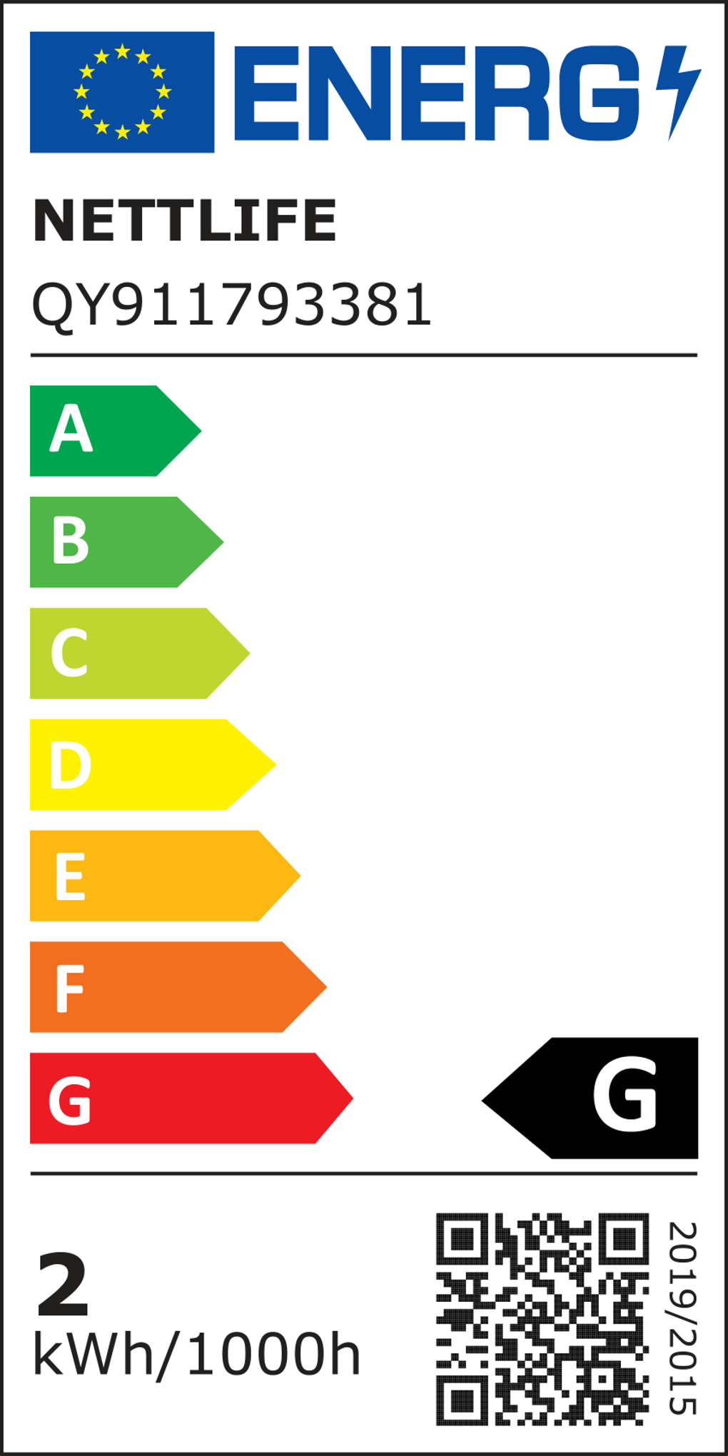 Etichetta energetica con bandiera UE, marchio e classi di efficienza energetica da A a G, con la classe 'G' evidenziata.