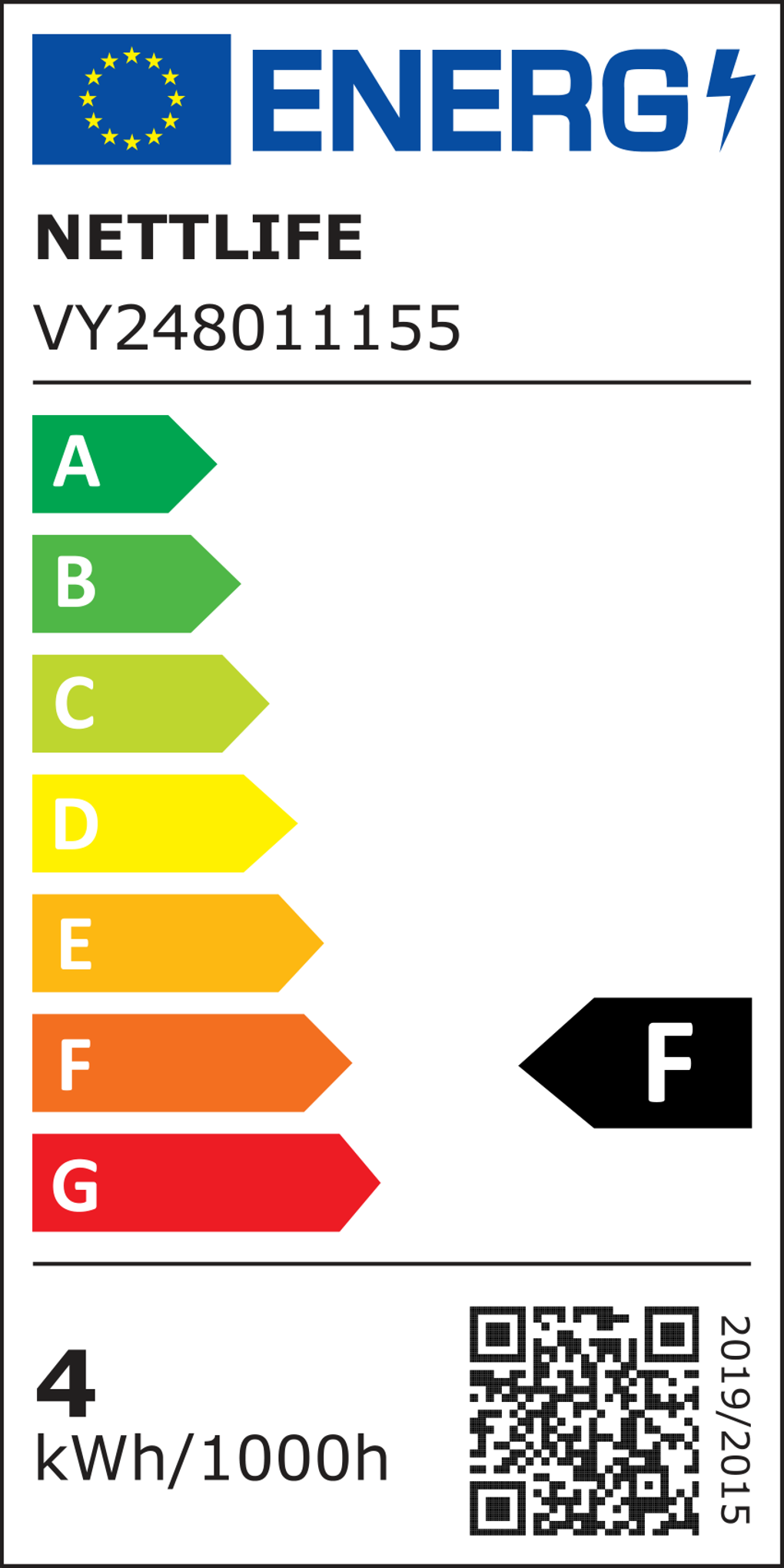 Etichetta energetica con logo UE, parola ENERG, NETTLIFE, numero modello e classi di efficienza energetica da A a G. Mostra la classe 'F'.