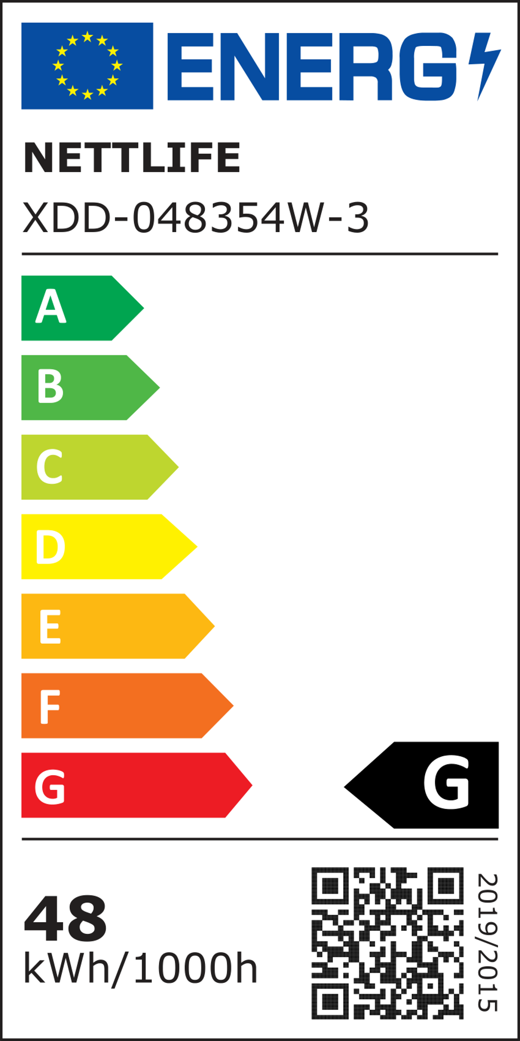 Etykieta energetyczna pokazuje klasy A-G. Produkt ma ocenę 'G'. Szczegóły obejmują 'NETTLIFE' i '48 kWh/1000h'.