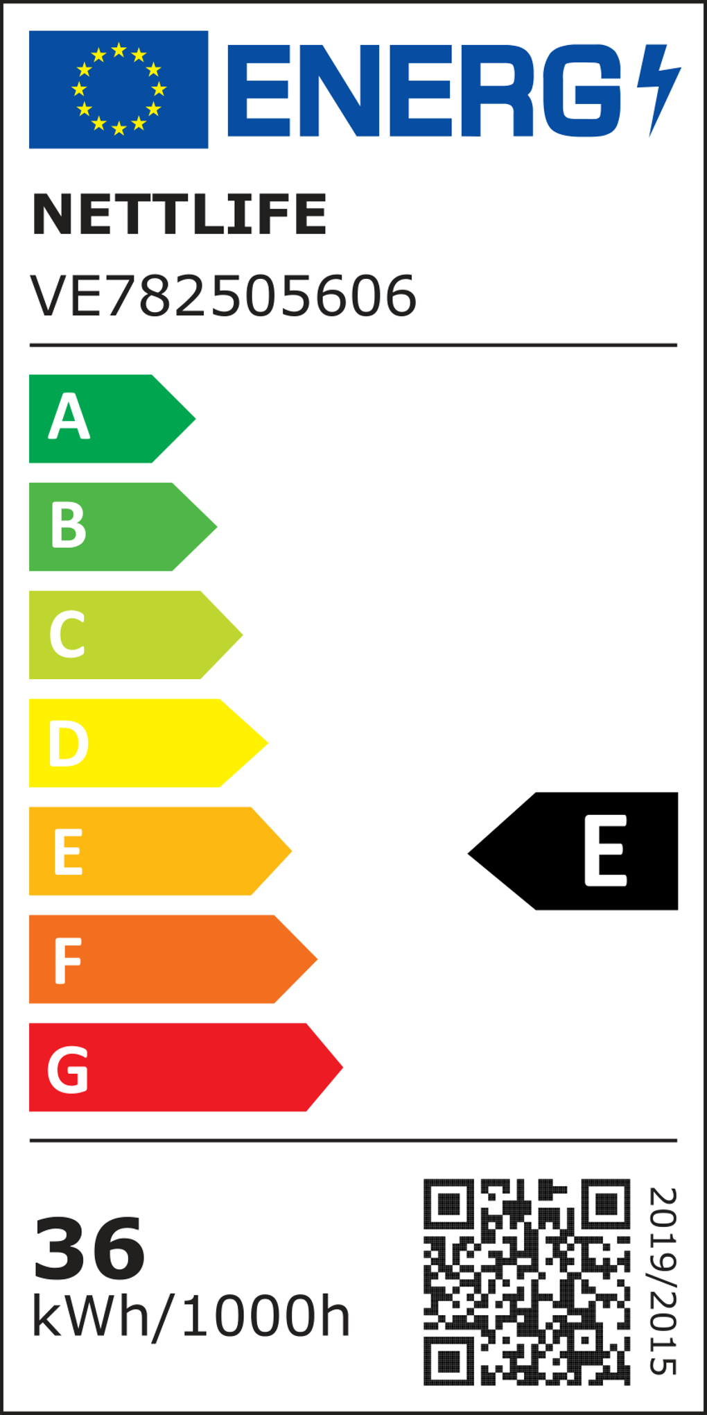 Etichetta energetica per una lampada. Ha una classificazione E. Mostra il marchio NETTLIFE, il consumo energetico e un codice QR.
