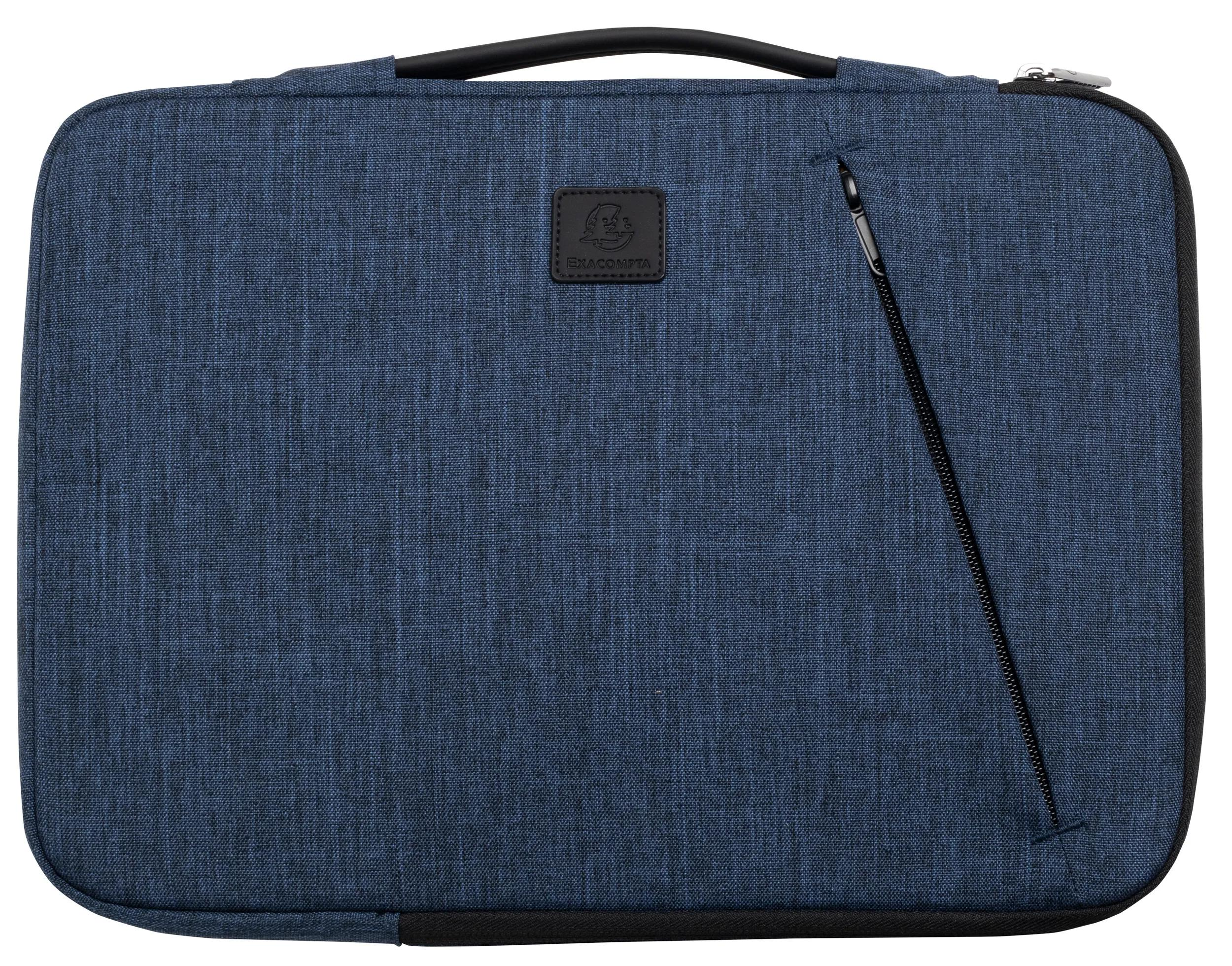 Una custodia blu per laptop con manico nero, cerniera e logo.