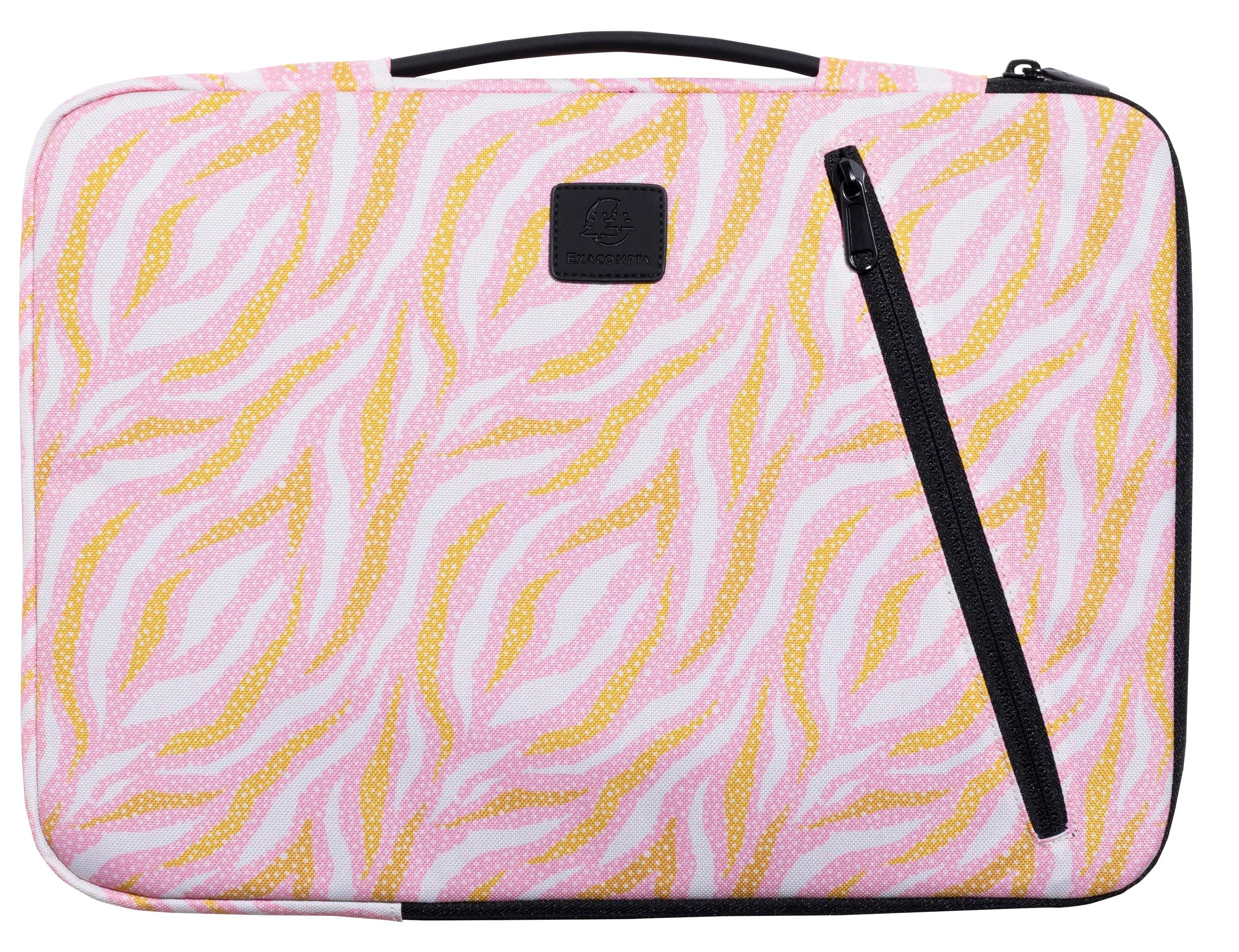 Una custodia per laptop con stampa zebrata rosa e gialla, manico e cerniera neri.
