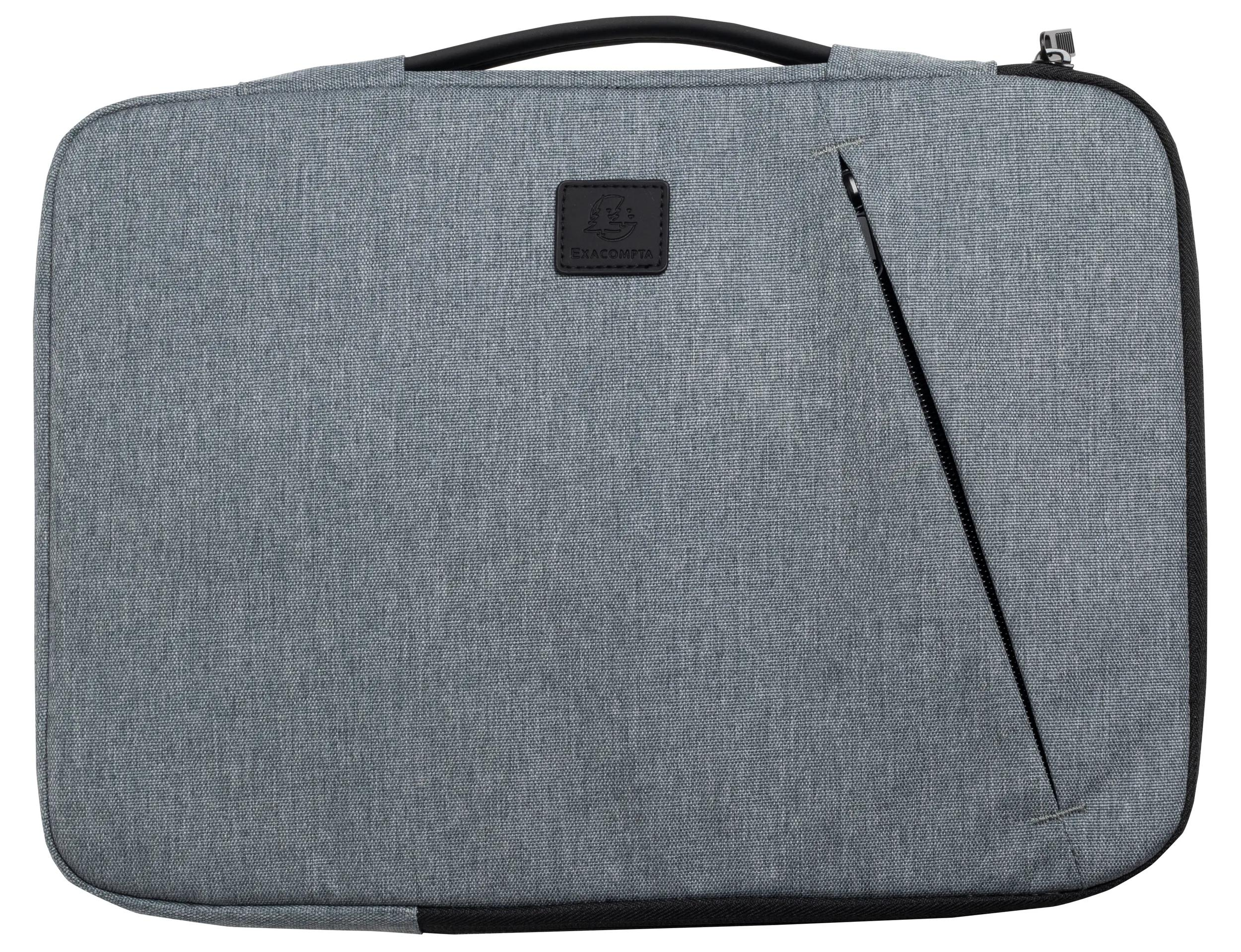 Borsa grigia per laptop con manico e cerniera neri. Ha un toppa in pelle nera con logo.