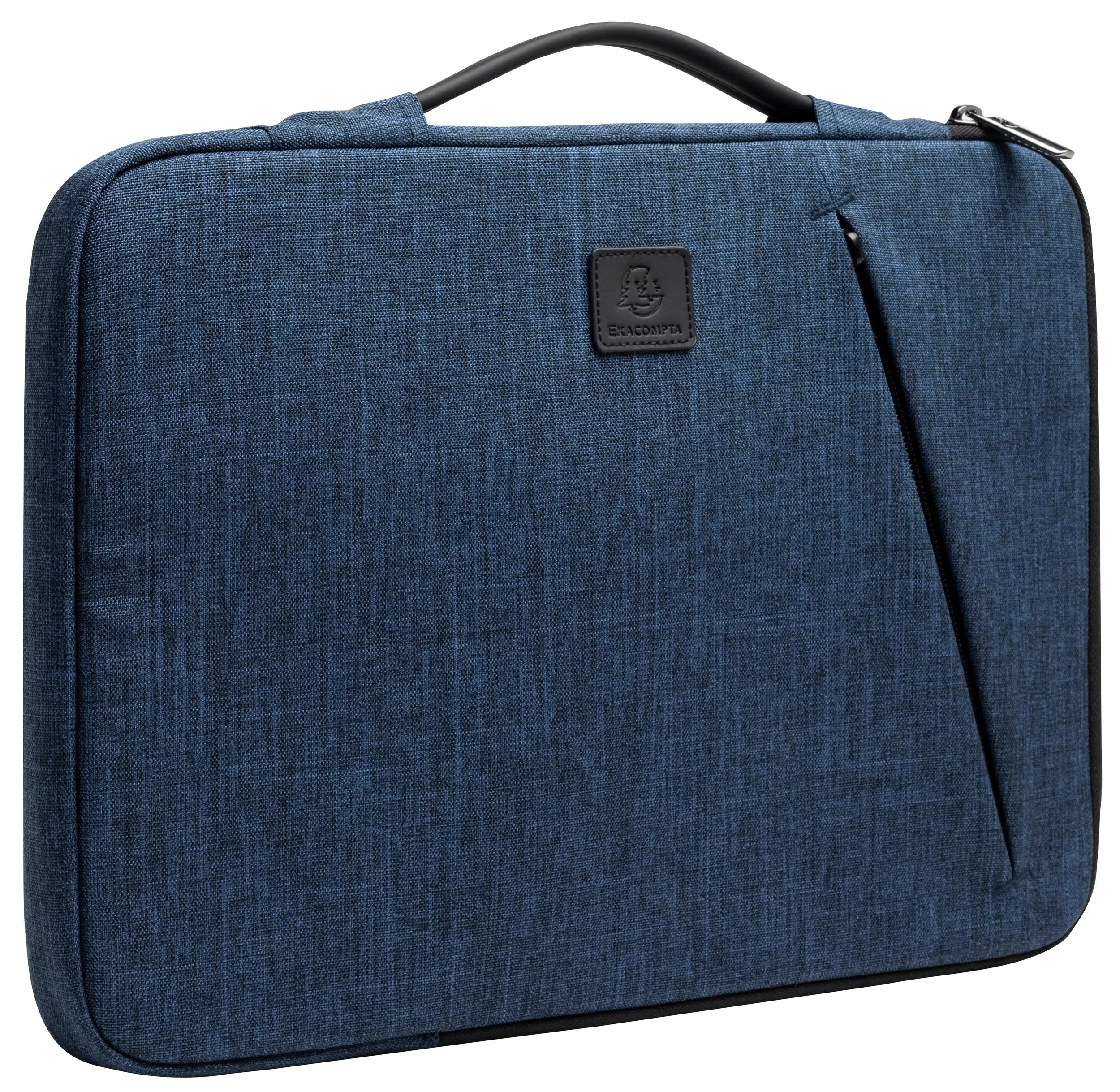 Una custodia blu per laptop con manico e cerniera neri. Ha un piccolo logo sulla parte anteriore.
