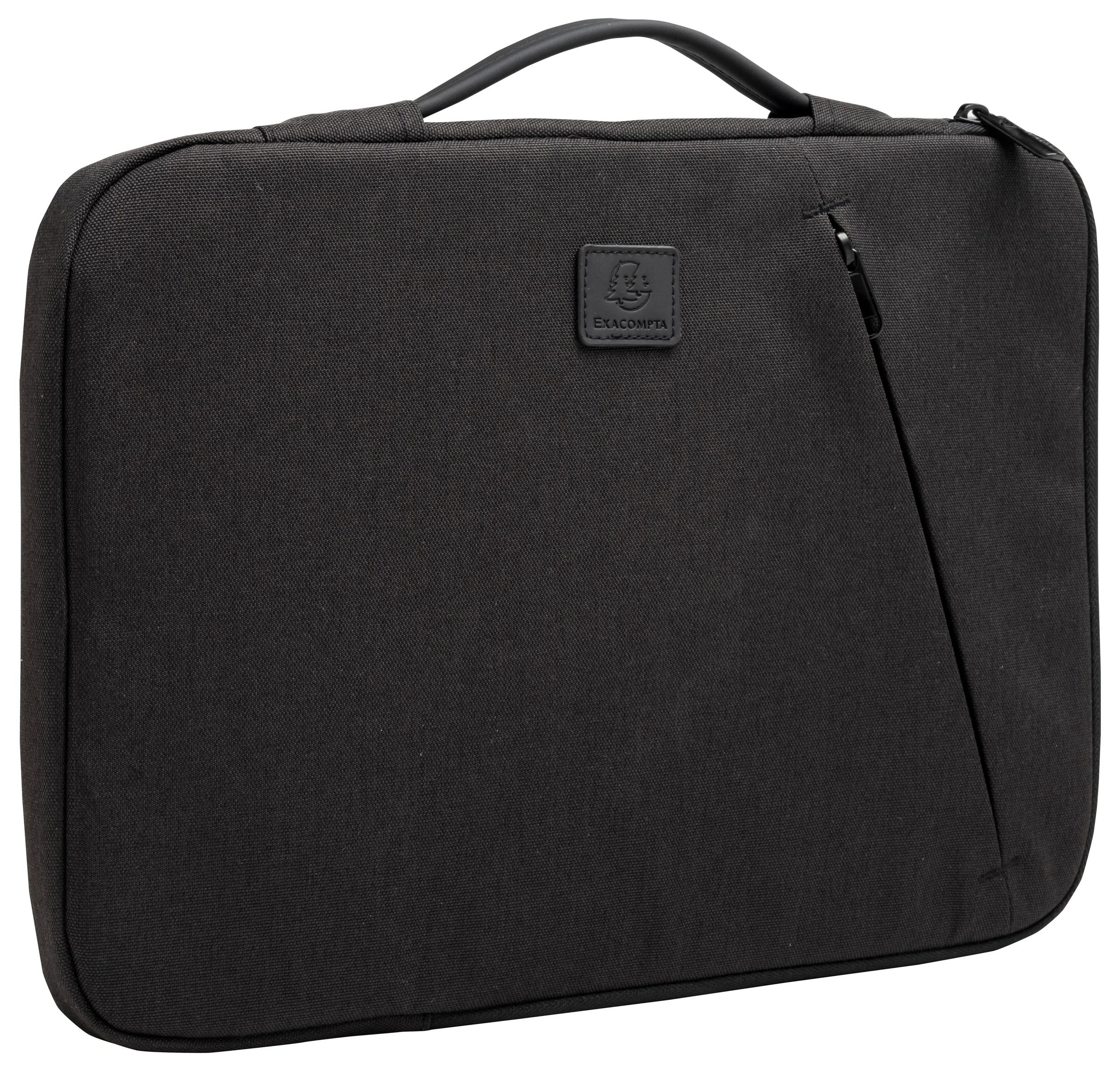 Borsa nera per laptop con manico e cerniera. Sulla parte anteriore c'è il marchio EXACOMPTA.