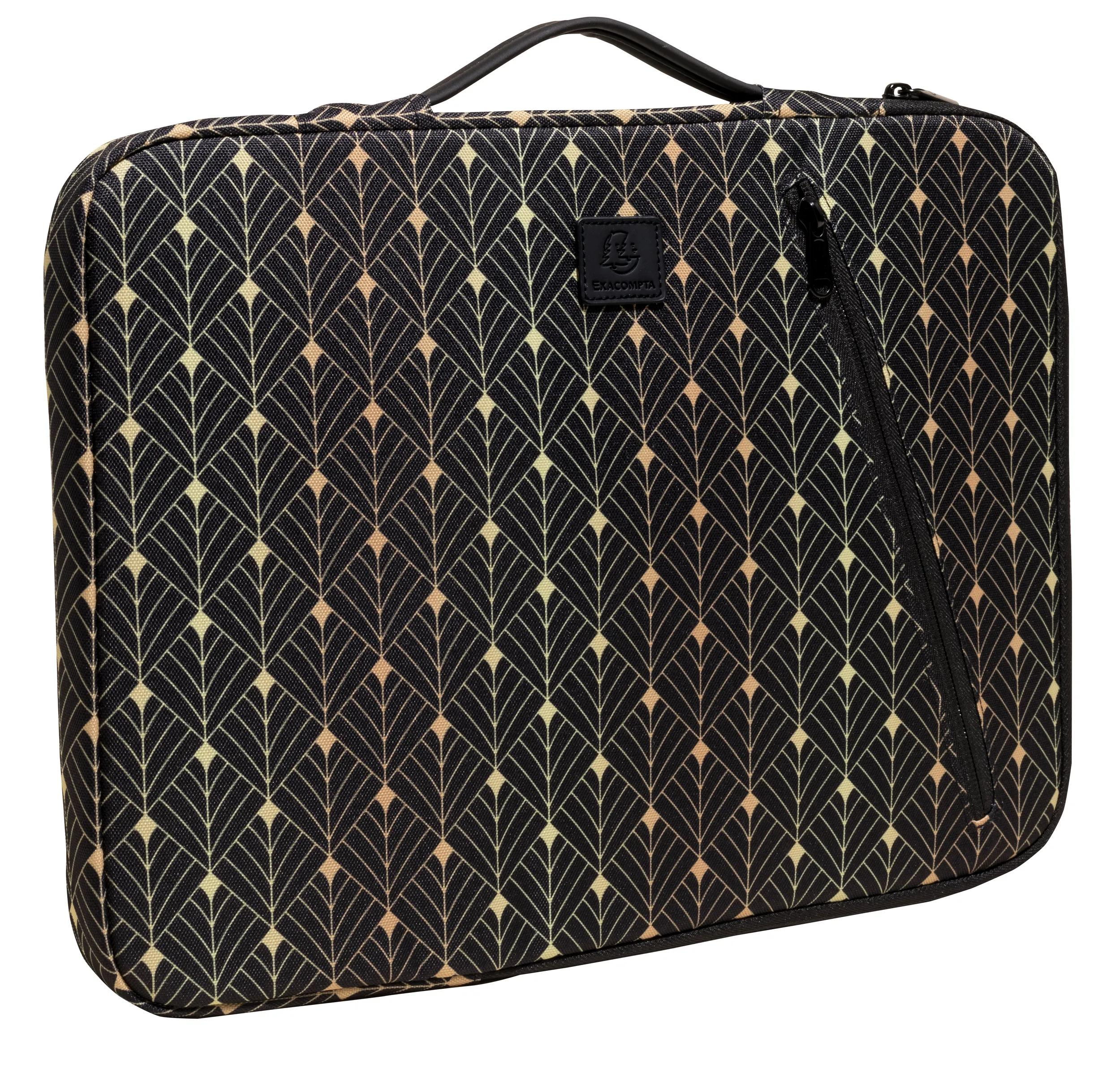 Una borsa rettangolare nera con un motivo a foglie dorate, un manico nero e una cerniera. La borsa ha il logo Exacompta.