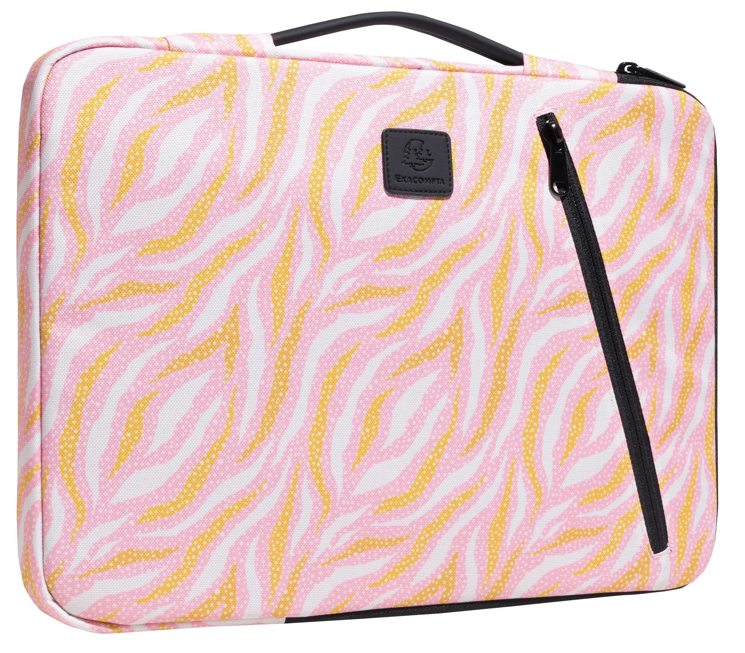Custodia per laptop con stampa zebrata rosa, gialla e bianca. Ha cerniera e manico neri, con logo Exacompta.