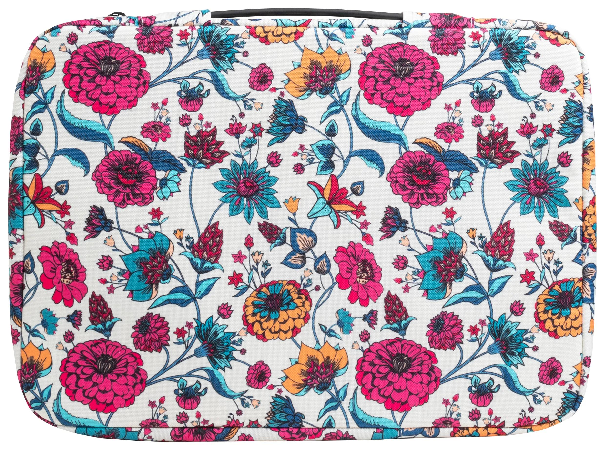 Una superficie bianca con un motivo floreale di fiori e foglie rosa, blu, gialli e arancioni, più una maniglia nera.