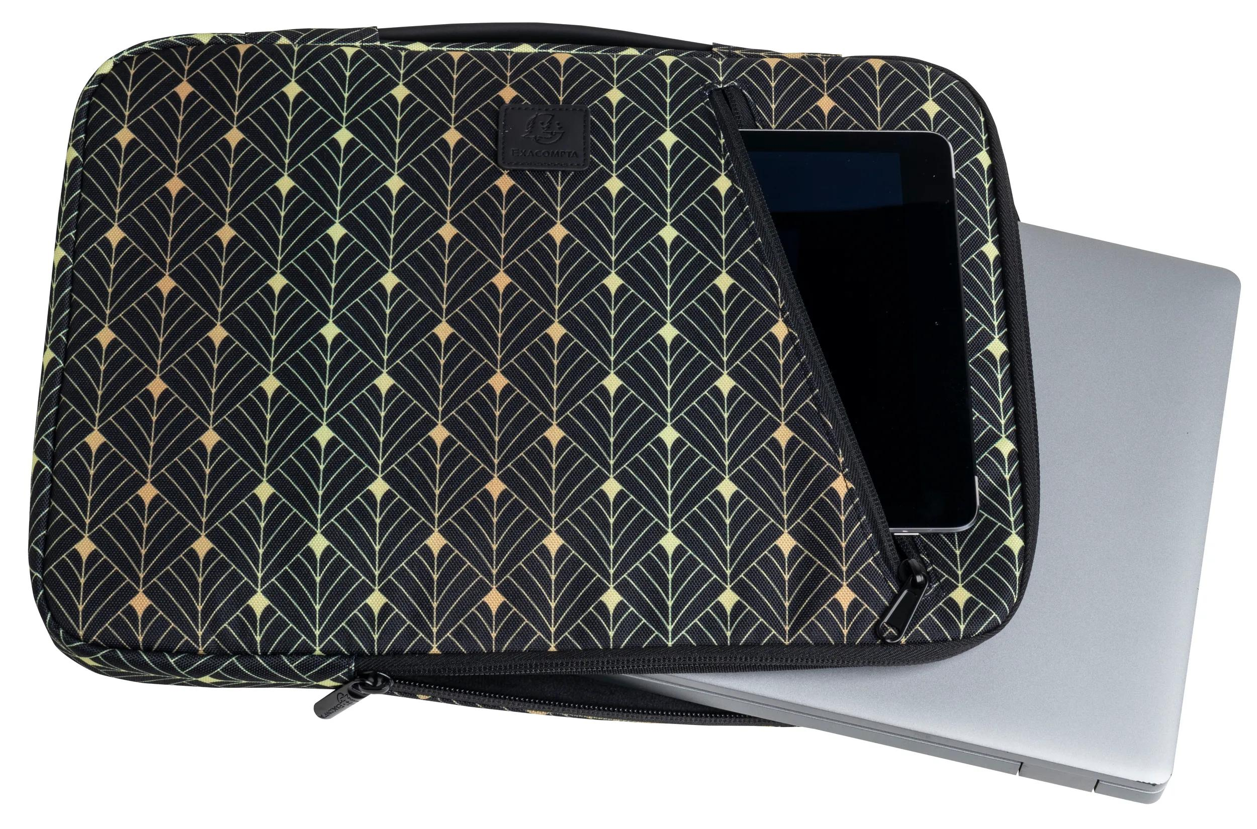 Custodia nera per laptop con motivo geometrico, che contiene un tablet e un laptop. Cerniera visibile.