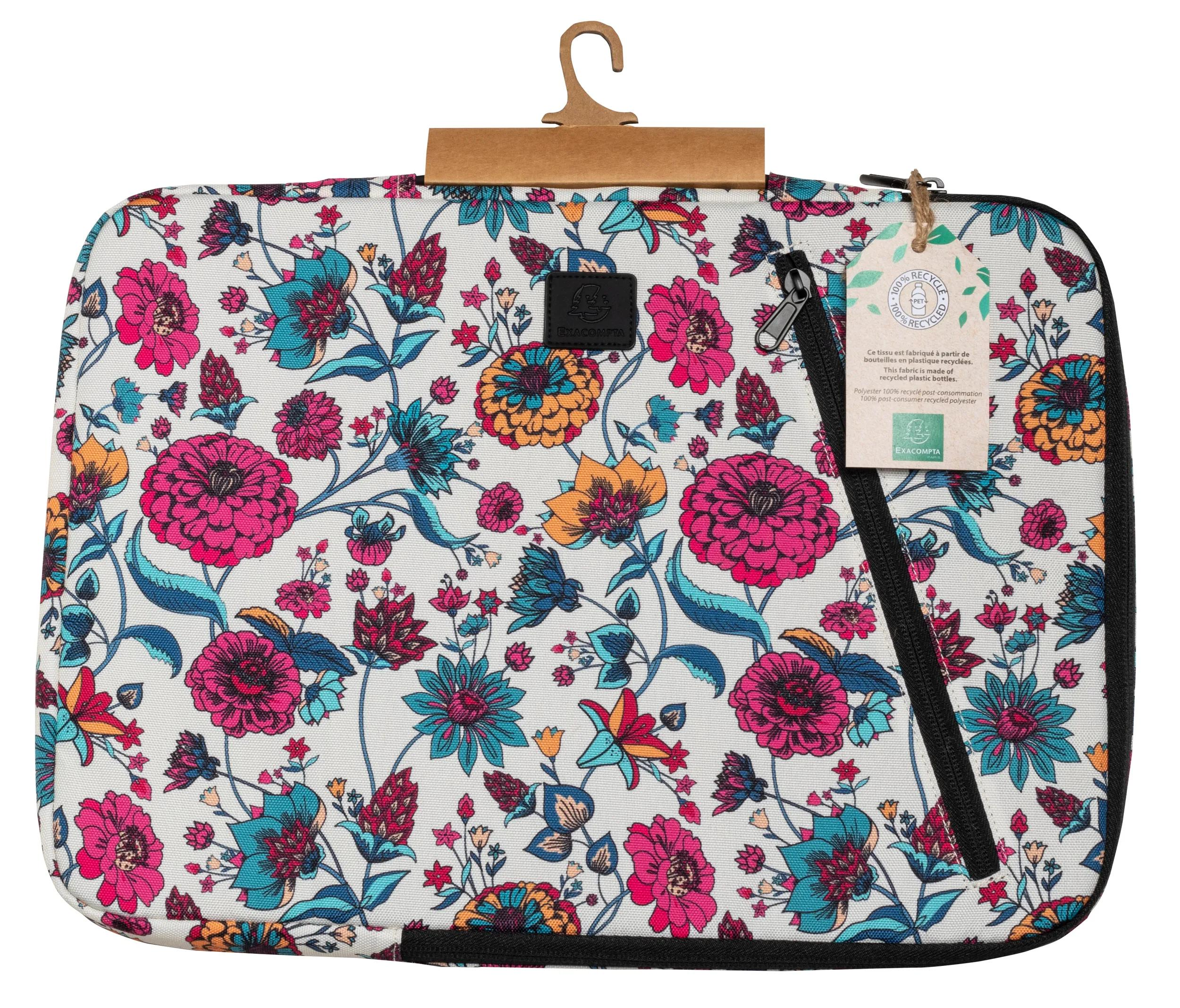 Una borsa per laptop floreale con cerniera nera ed etichetta di riciclo appesa.