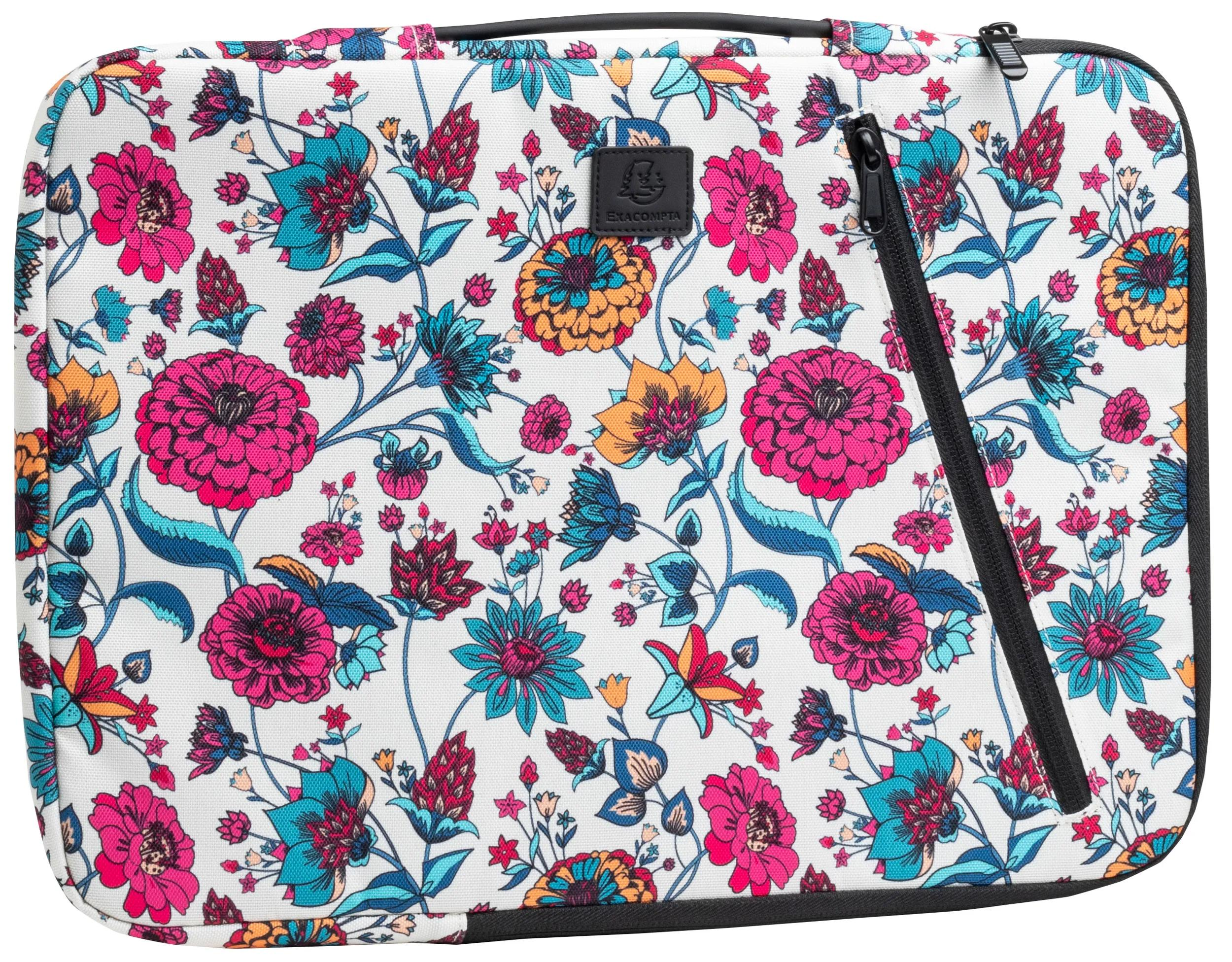 Una custodia per laptop floreale, con fiori rosa, blu e gialli su sfondo bianco. Cerniera e manico neri.