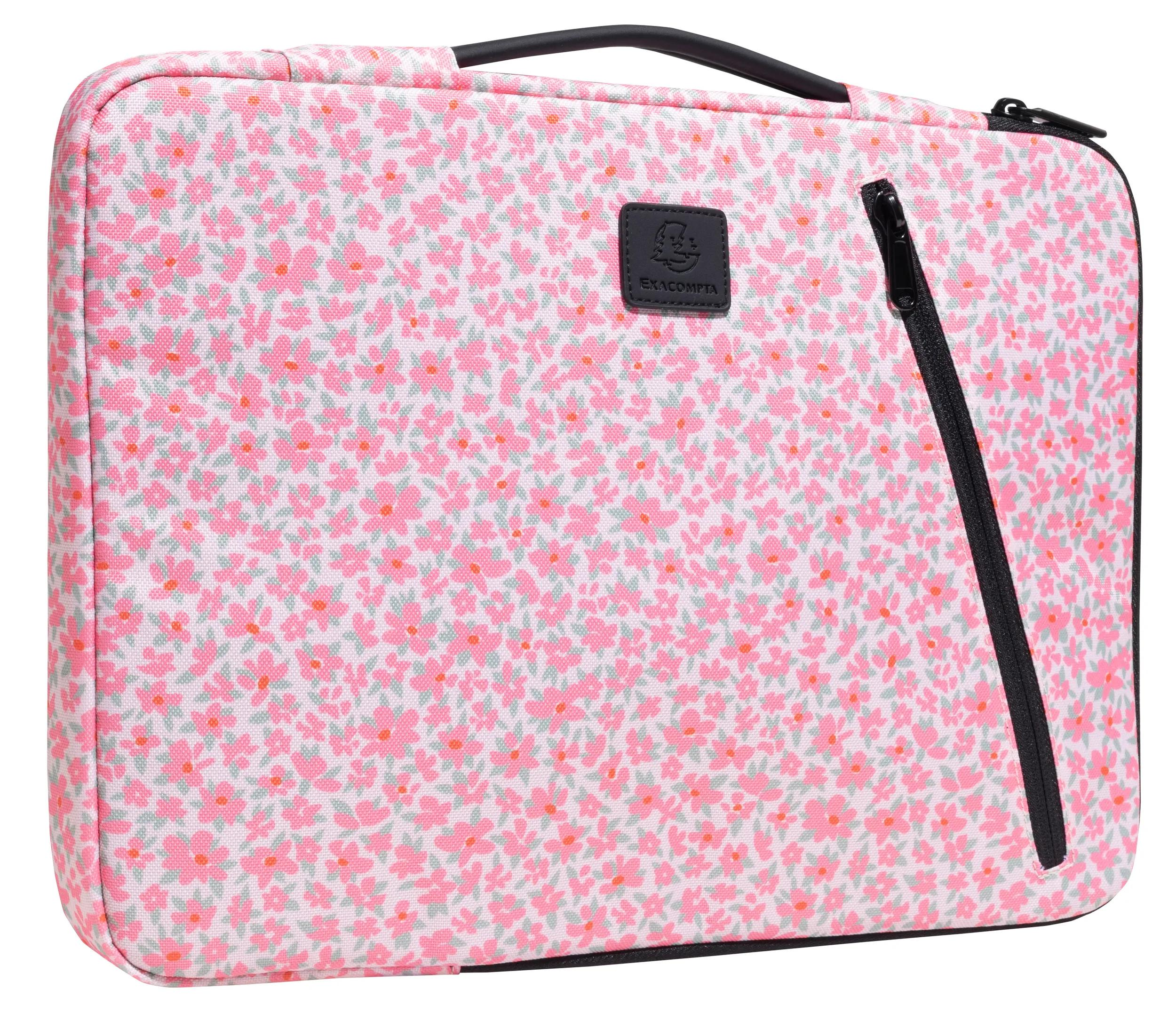 Custodia rosa per laptop con motivo floreale. Cerniera e maniglia nere. Logo Exacompta su un quadrato nero.
