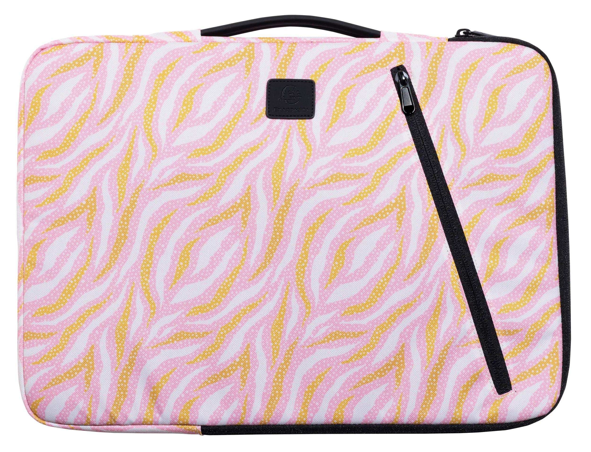 Una custodia per laptop fantasia. Ha una stampa zebrata rosa, gialla e bianca con cerniera e manico neri.