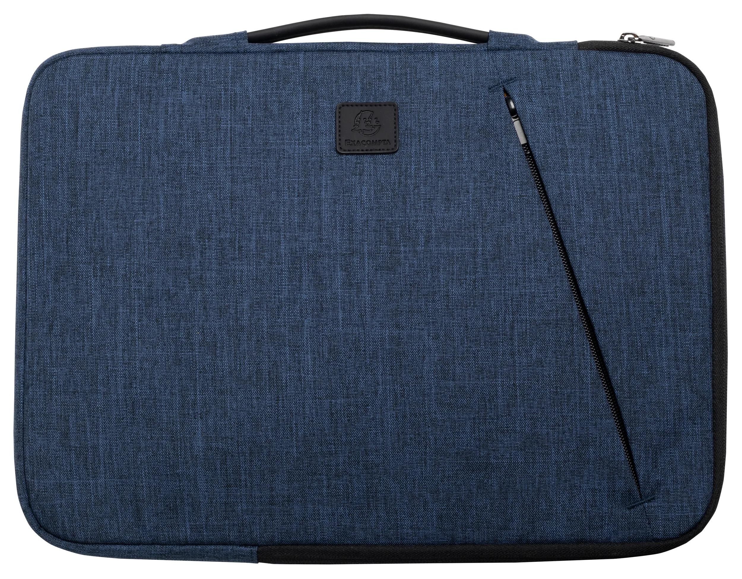 Una custodia blu per laptop con manico, cerniera e bordi neri. Ha un logo Exacompta.
