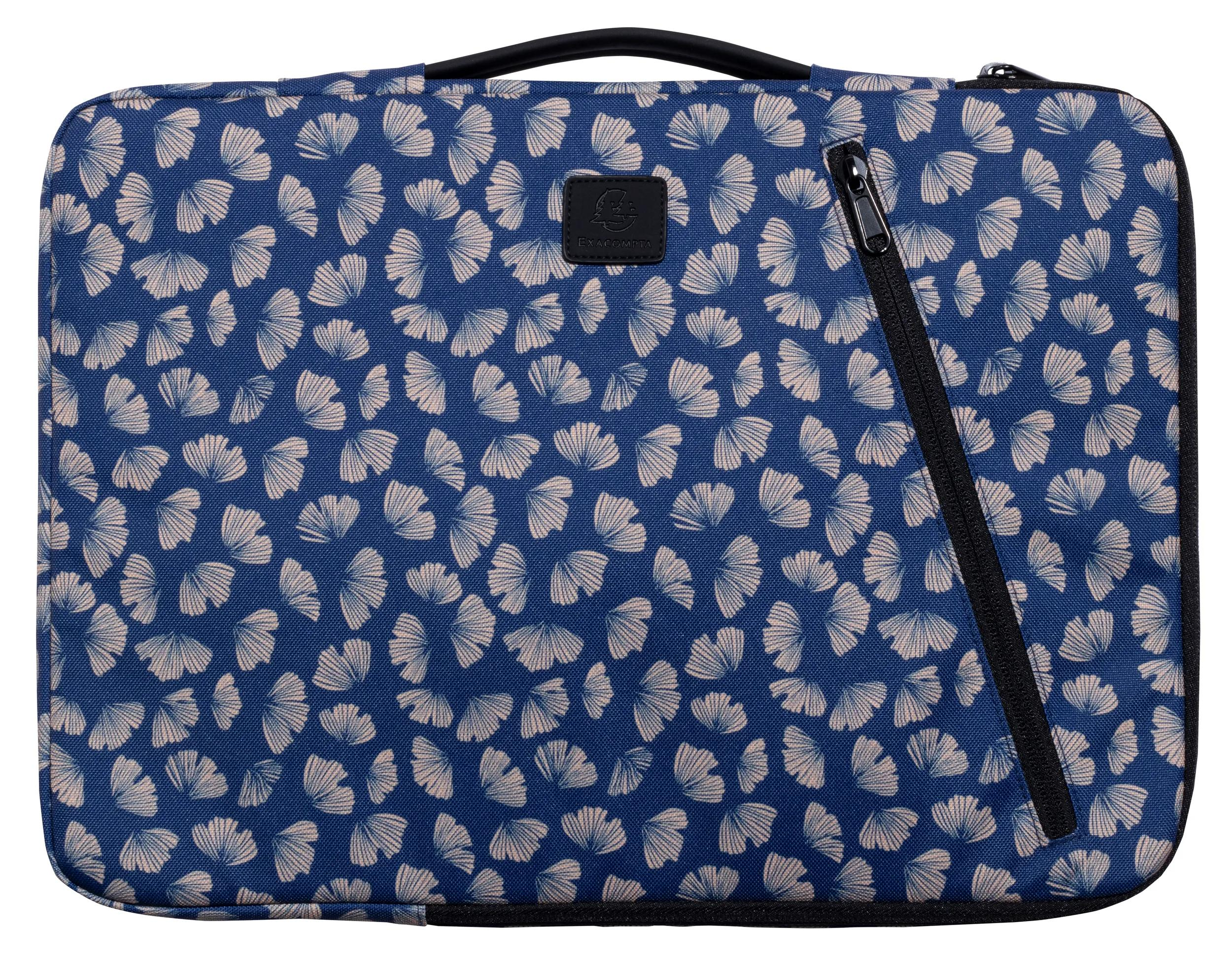 Una custodia blu per laptop con un motivo a foglie chiare a forma di ventaglio e una cerniera nera.
