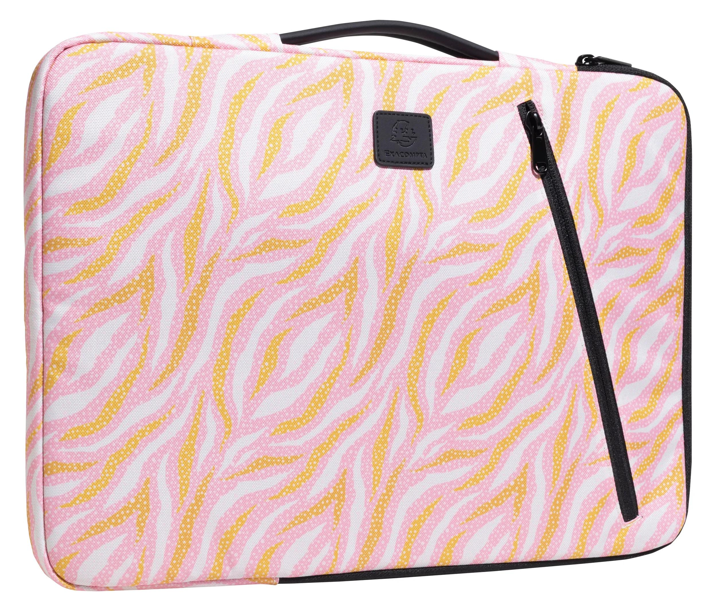 Una borsa per laptop fantasia con strisce rosa, gialle e bianche simili a quelle di una zebra. Ha una cerniera e una maniglia nere.