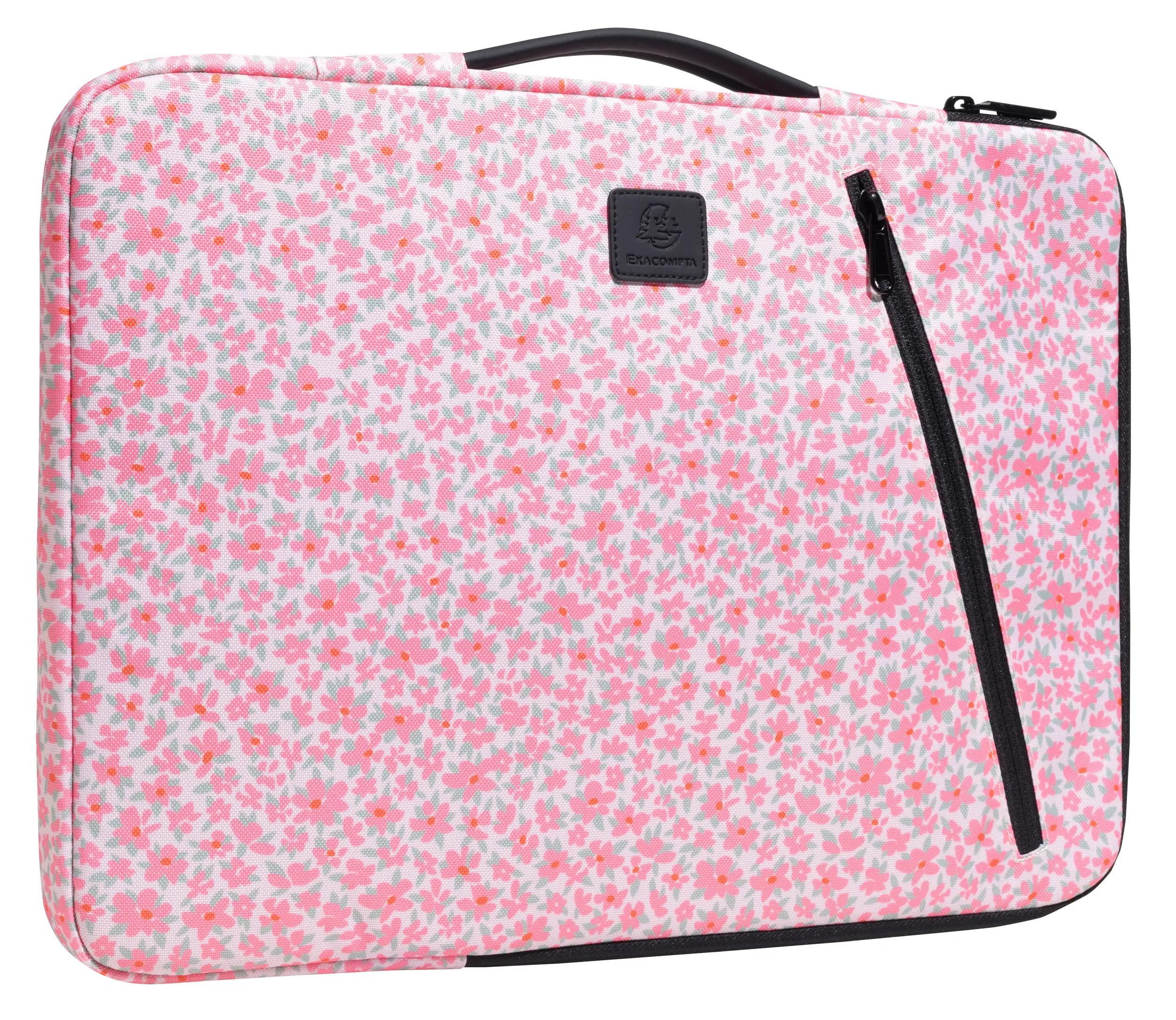 Funda para portátil con estampado floral rosa, cremallera y asa negras. El fondo es blanco.