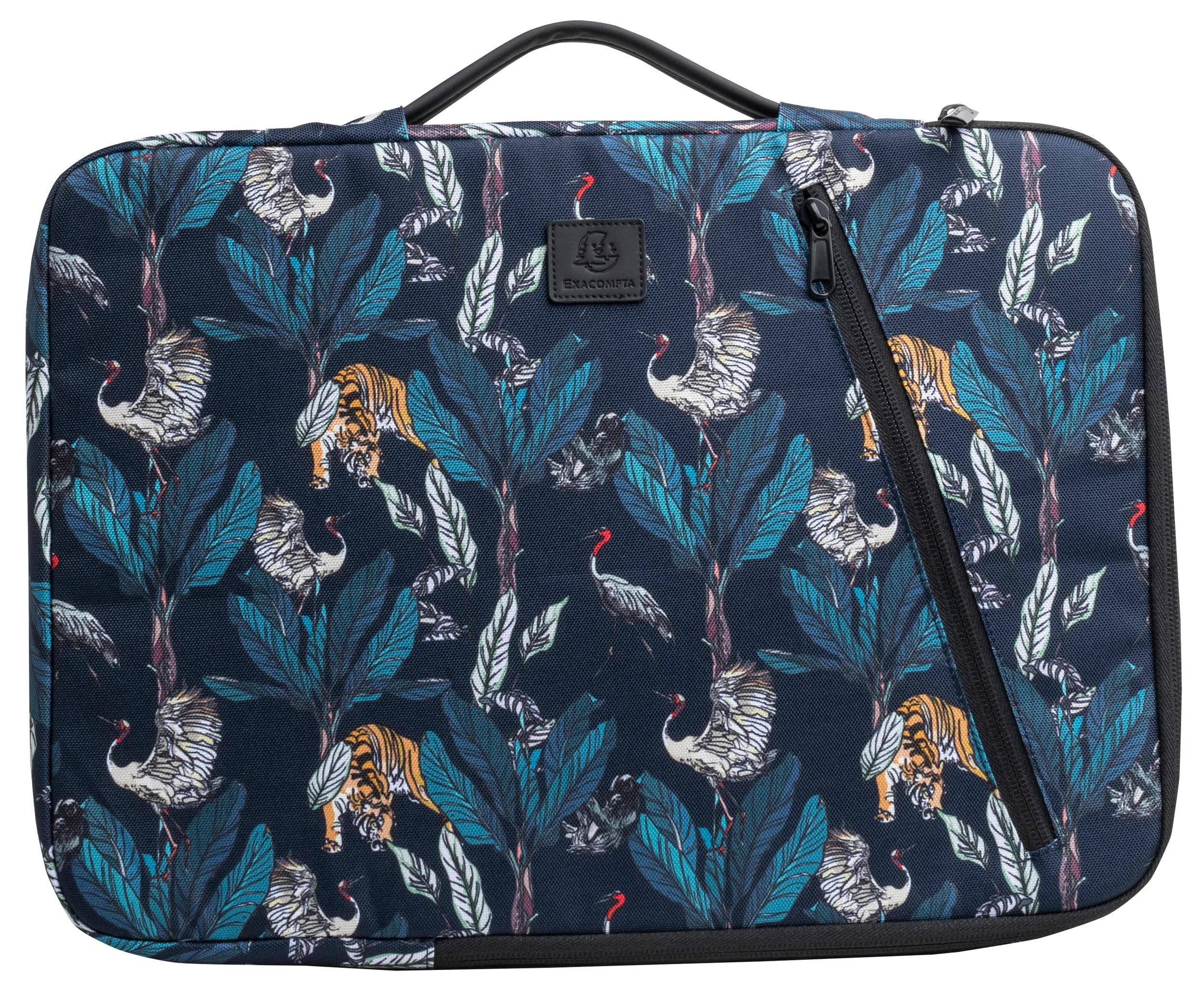 Una borsa fantasia con tigri, gru e foglie. Ha un manico e una cerniera neri su sfondo blu scuro.