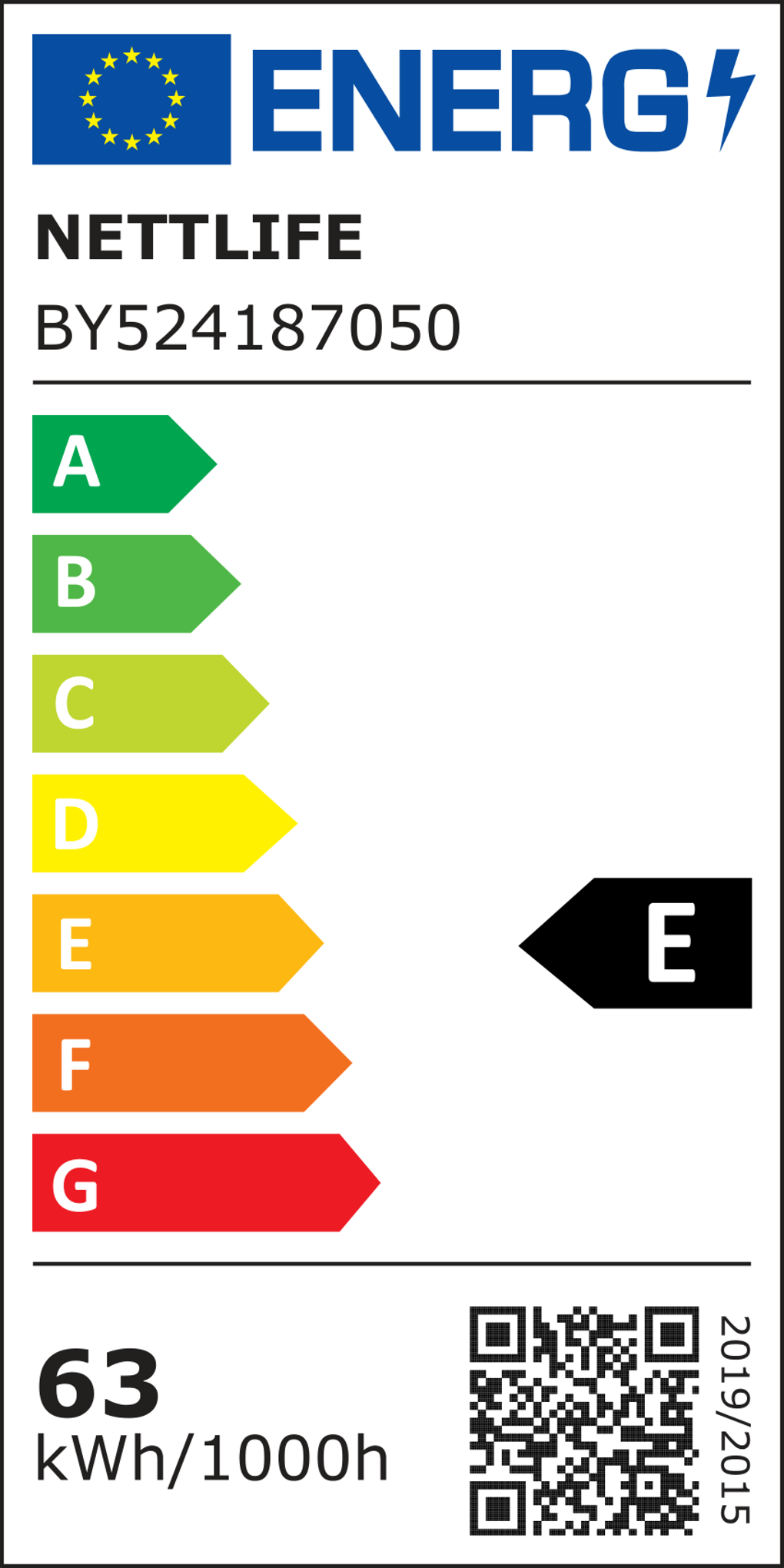 Etichetta energetica per una sorgente luminosa. Mostra la classe di efficienza energetica E, con una valutazione di 63 kWh/1000h. Include un codice QR e il logo NETTLIFE.