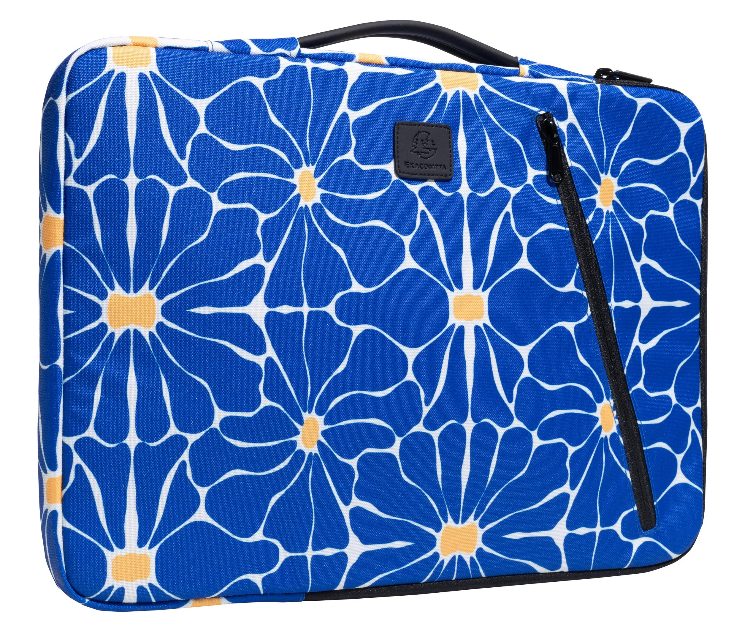 Una borsa blu per laptop con motivo floreale bianco, manico e cerniera neri.