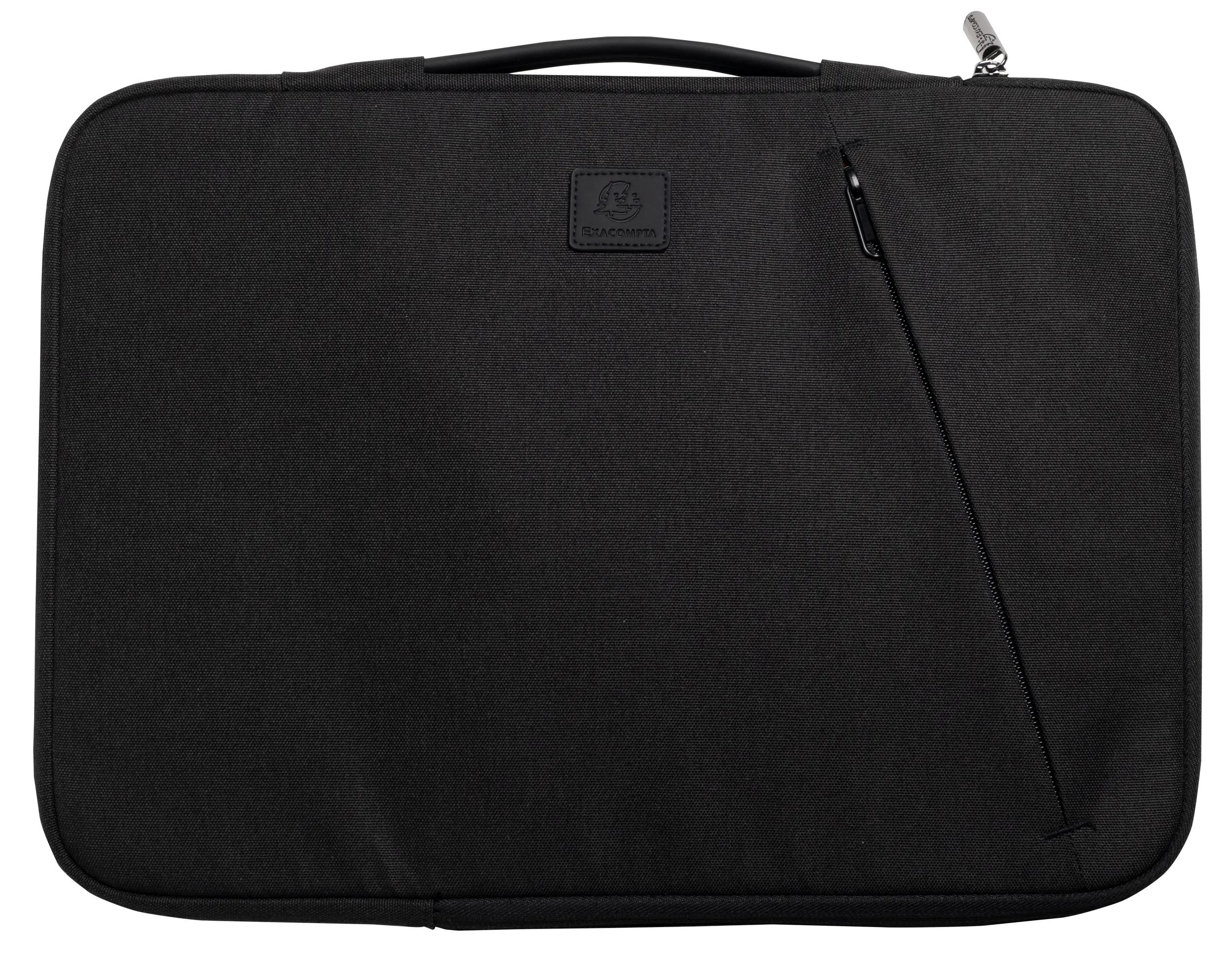 Borsa nera per laptop con manico, cerniera e logo. Forma rettangolare, superficie strutturata.