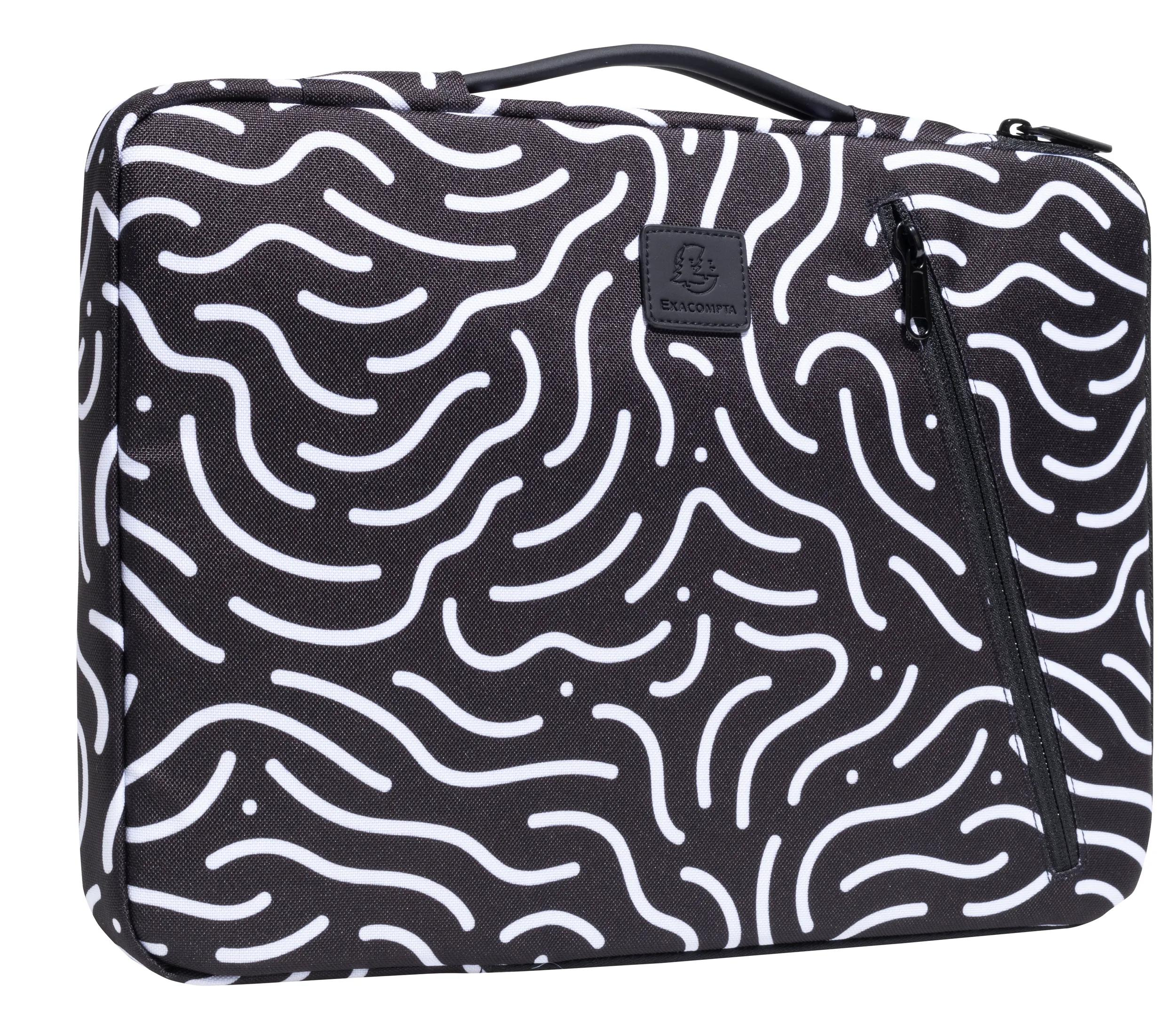 Una borsa nera per laptop con linee bianche a zig-zag. Ha una cerniera e un manico. Il marchio è EXACOMPTA.